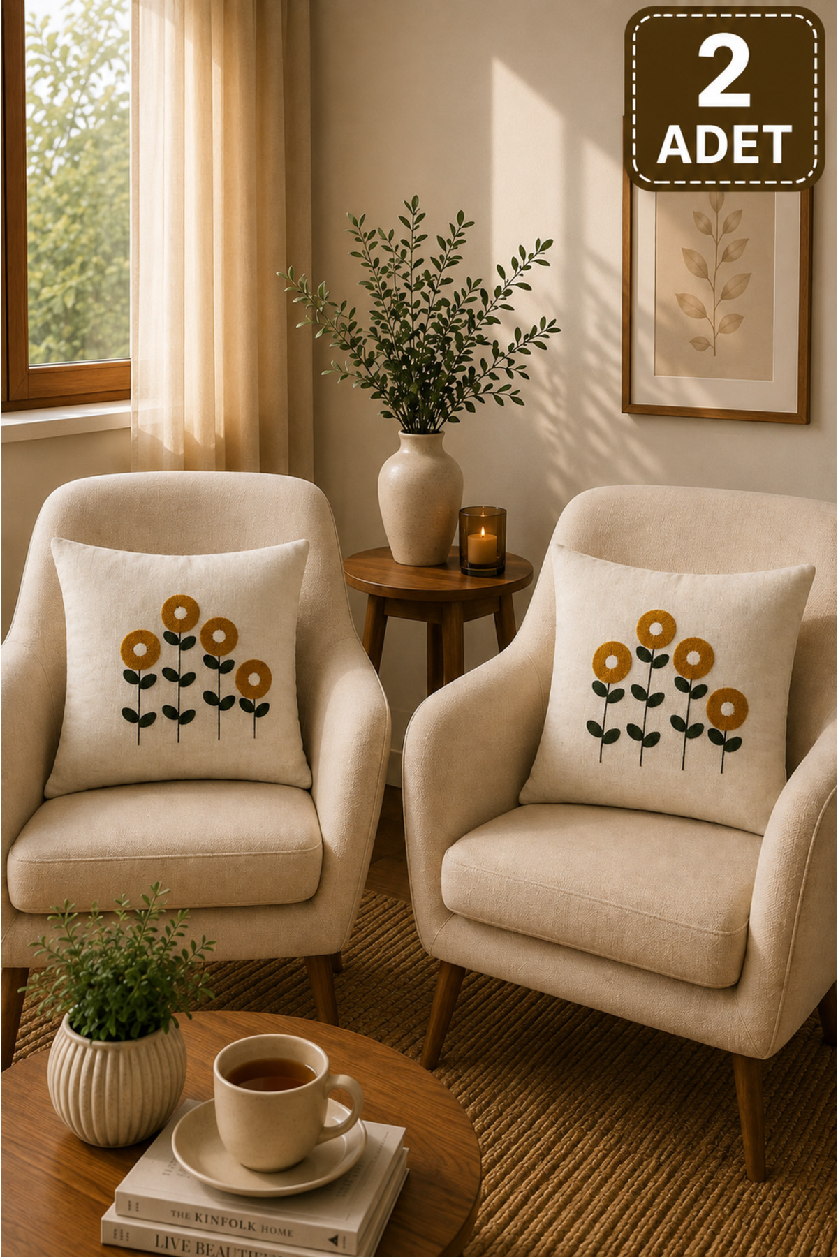 2 Adet Punch Kırlent Kılıfı 43x43 cm – Dekoratif Nakışlı Kırlent Seti