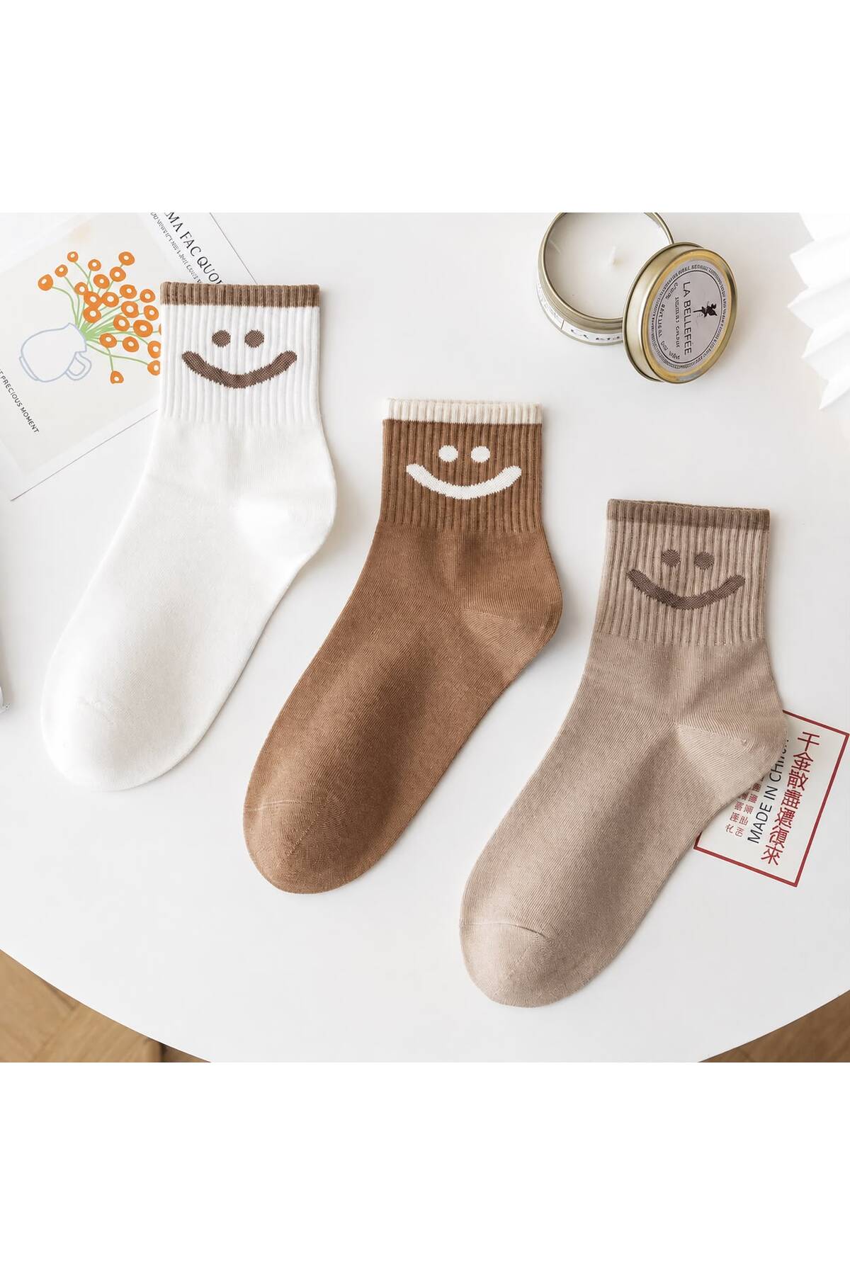 Sky Socks 8 ' Li Gülen Yüz Desenli Kısa Konç Unisex Çorap Seti görsel 5