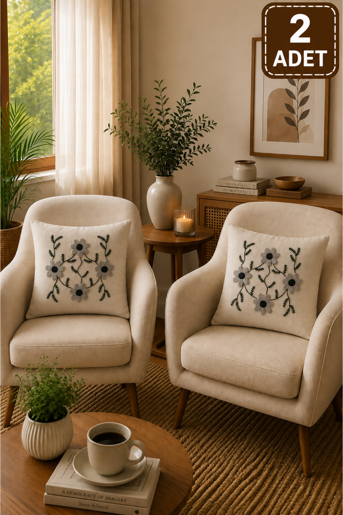 2 Adet Punch Kırlent Kılıfı 43x43 cm – Dekoratif Nakışlı Kırlent Seti