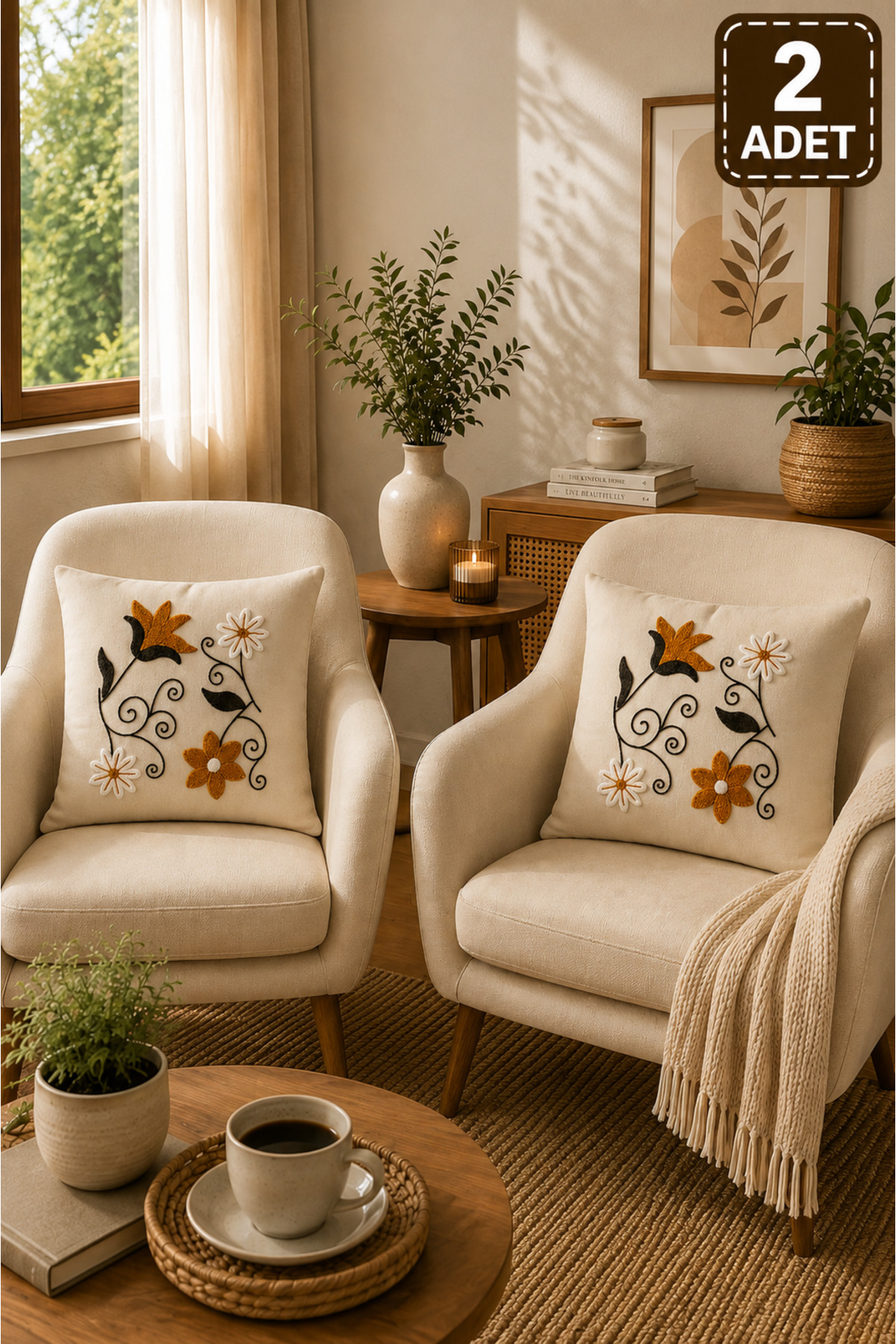 2 Adet Punch Kırlent Kılıfı 43x43 cm – Dekoratif Nakışlı Kırlent Seti