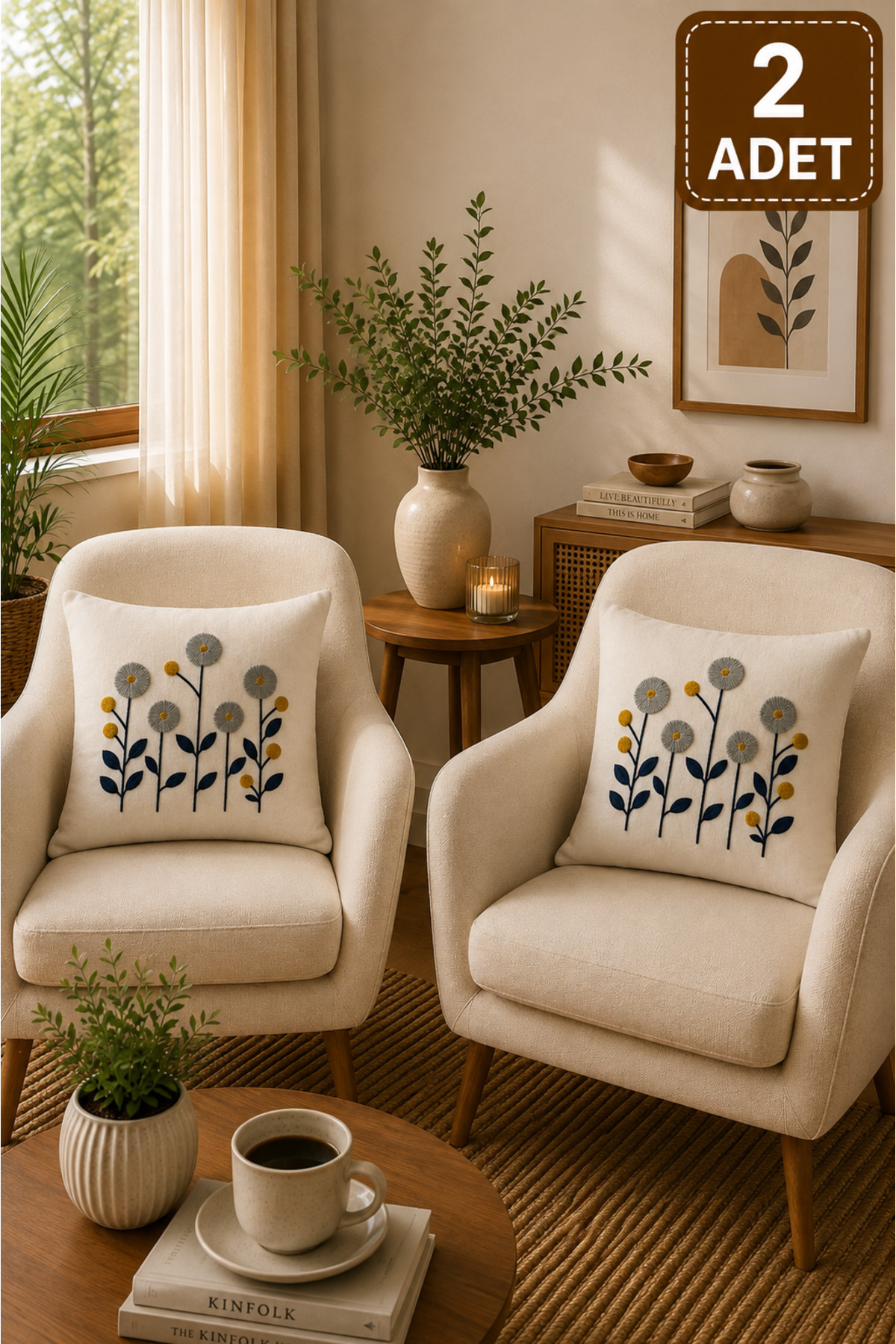 2 Adet Punch Kırlent Kılıfı 43x43 cm – Dekoratif Nakışlı Kırlent Seti