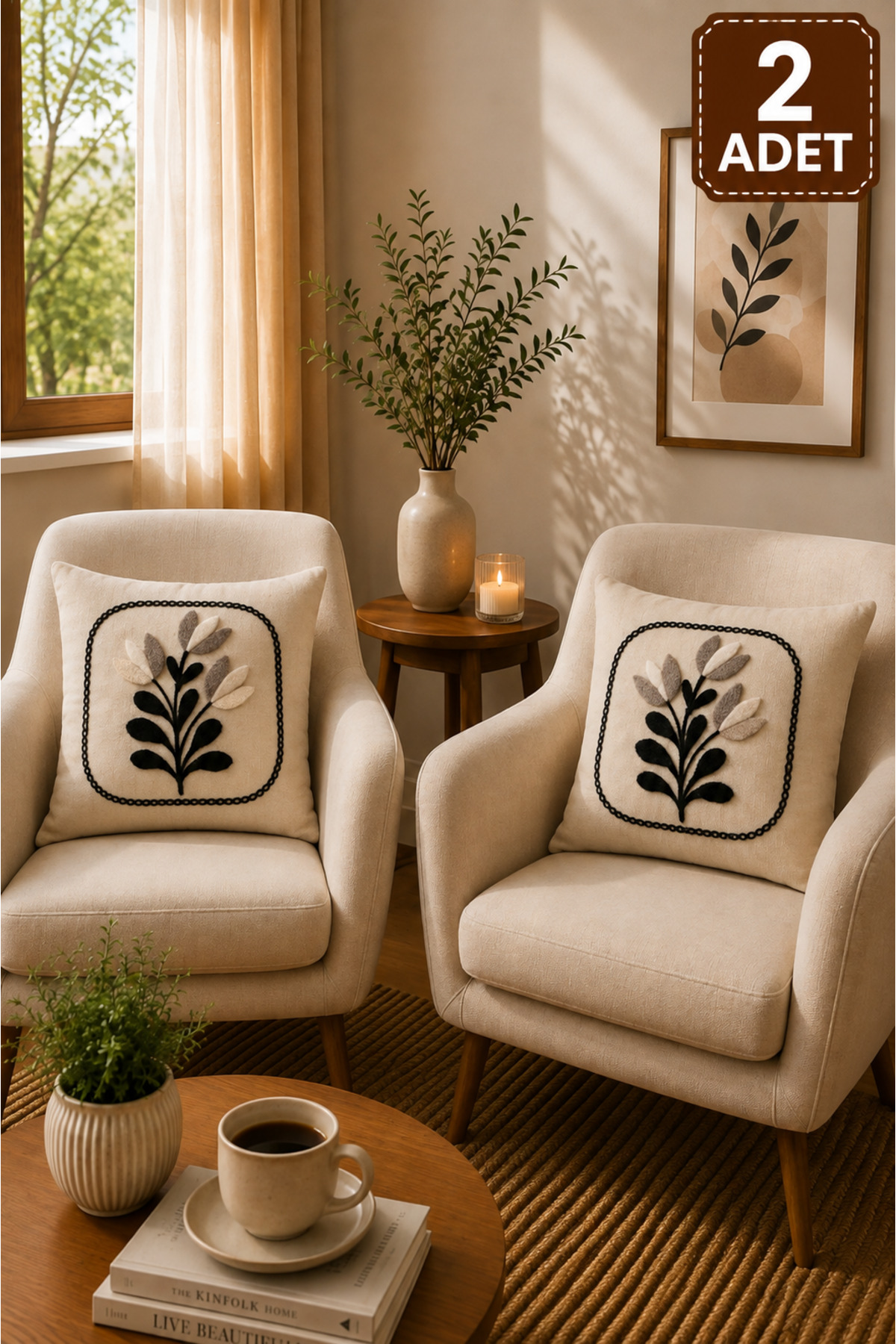 2 Adet Punch Kırlent Kılıfı 43x43 cm – Dekoratif Nakışlı Kırlent Seti