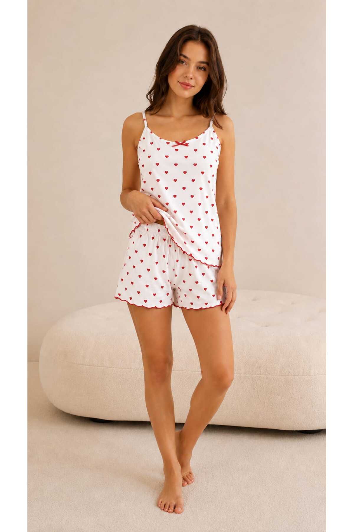 Sude HOMEWEAR Kadın İp Askılı Bambu Kalp Desenli Şort görsel 2