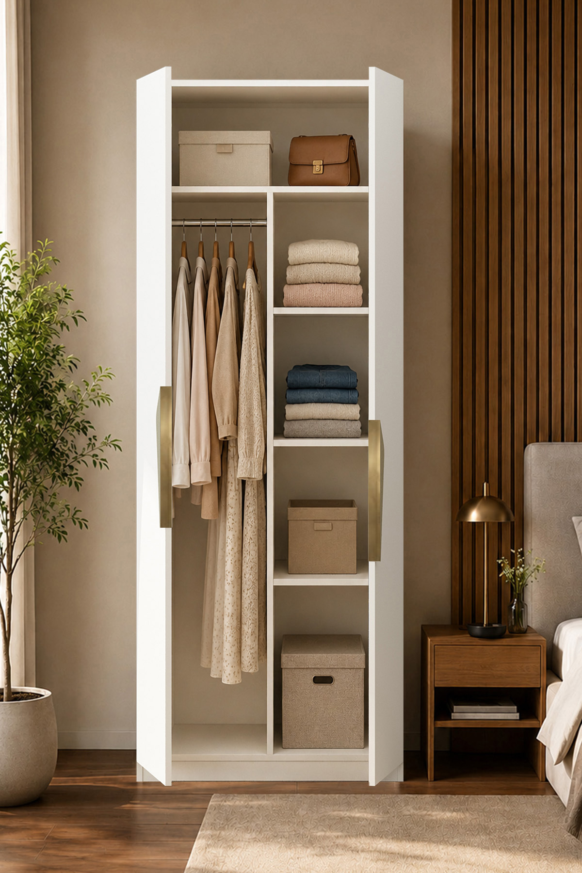 Gama 2 Kapaklı Askılı Raflı Modül Tasarım Kulplu 253 cm Gardırop Elbise Dolabı görsel 3