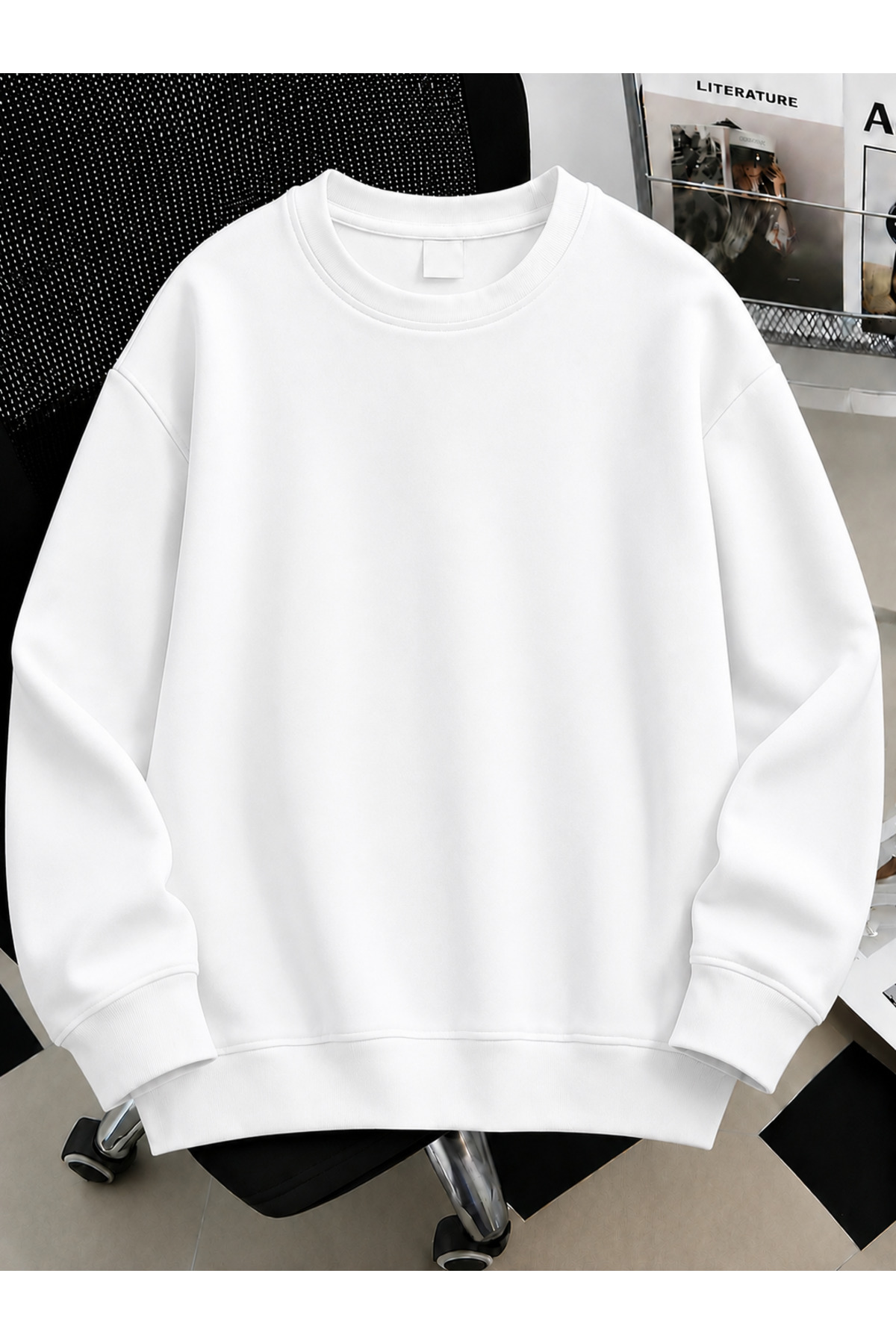 Revasser Unisex Kadın/Erkek Düz Renkli Baskısız Oversize Bisiklet Yaka Pamuklu Sweatshirt