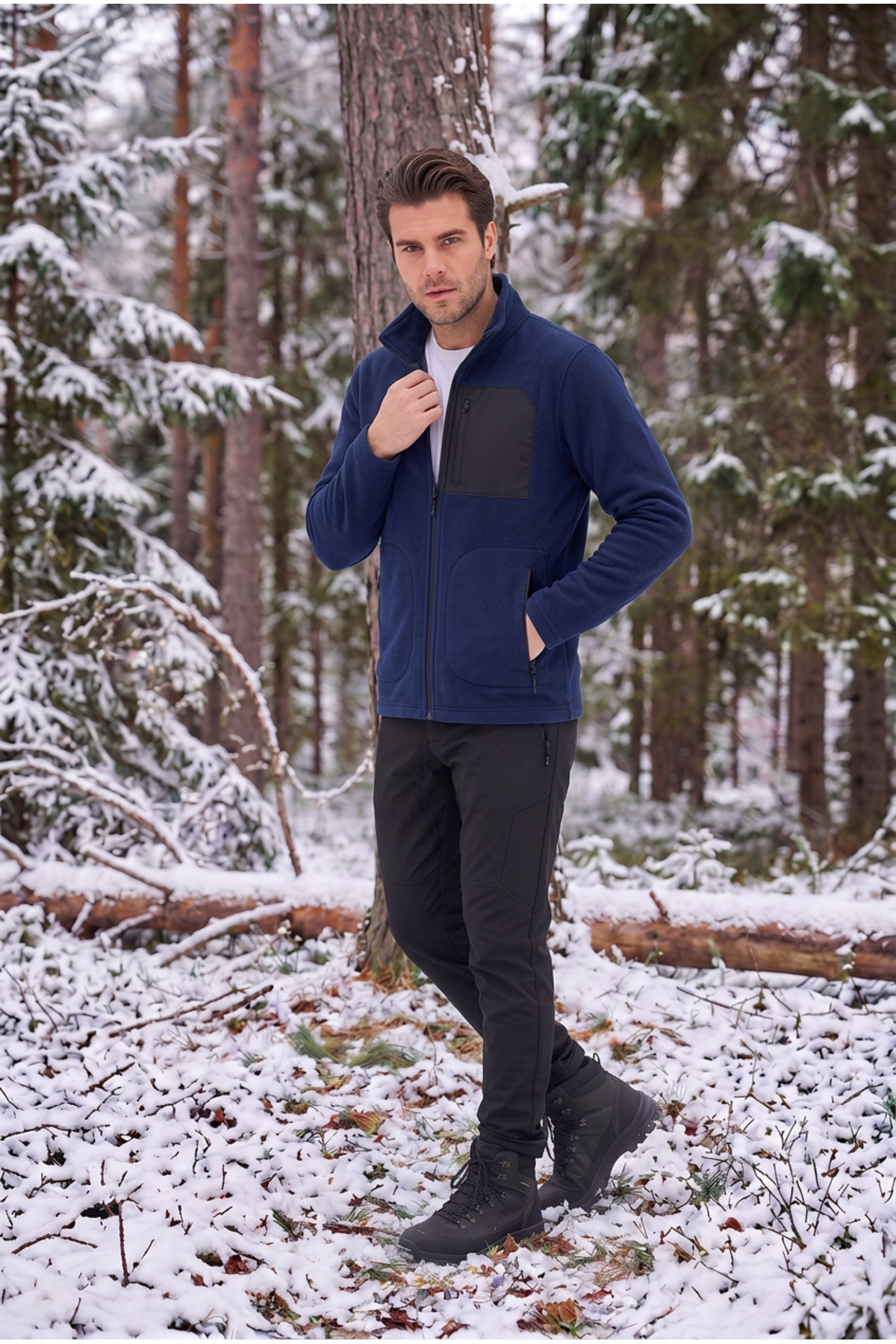 ASHEY Erkek Lacivert Polar Ceket Fermuarlı Dik Yaka Kışlık Kalın Polar Sweatshirt Outdoor görsel 3