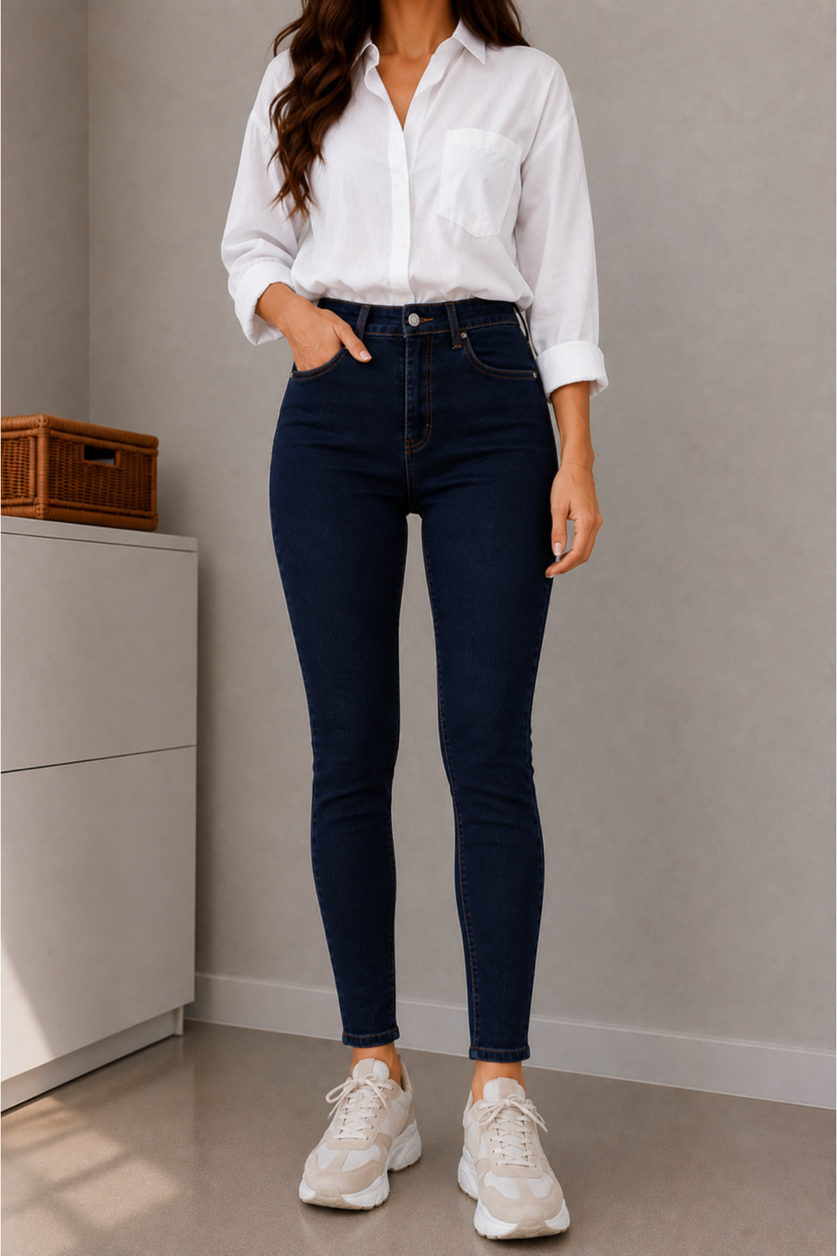 DELDNM Wild Kadın Lacivert Yüksek Bel Likralı Dar Paça Jean Skinny Kot Pantolon görsel 2