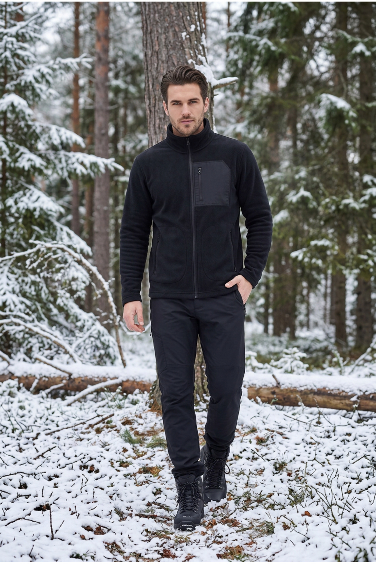 Erkek Siyah Polar Ceket Fermuarlı Dik Yaka Kışlık Kalın Polar Sweatshirt Outdoor — مشکی E0500 — تصویر 5 از 6
