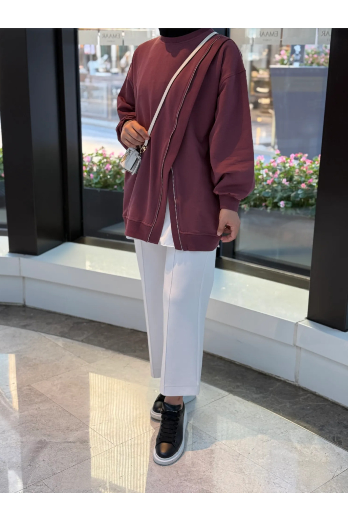nizzell Oversize Sweatshirt Kadın - 75 cm Uzun Boy Asimetrik Fermuarlı Salaş Sweet Tunik görsel 3