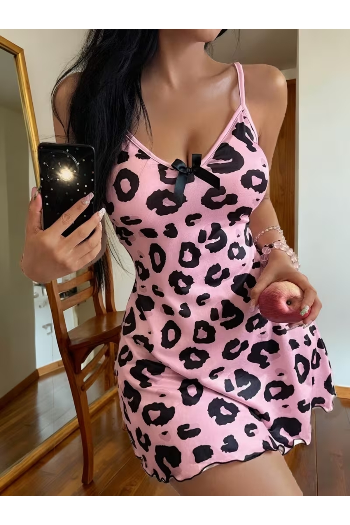 laseni underwear Kadın Pembe Leopar Desenli Fiyonk Detaylı Gecelik görsel 4