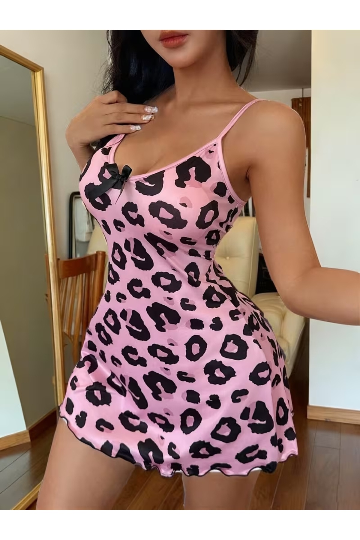 laseni underwear Kadın Pembe Leopar Desenli Fiyonk Detaylı Gecelik görsel 5