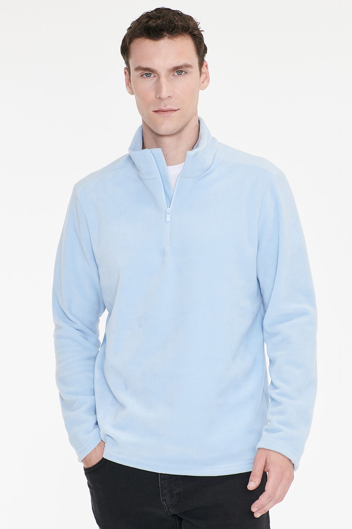 AC&Co / Altınyıldız Classics Erkek Mavi Anti-Pilling Tüylenme Yapmayan Standart Fit Dik Yaka Polar Sweatshirt