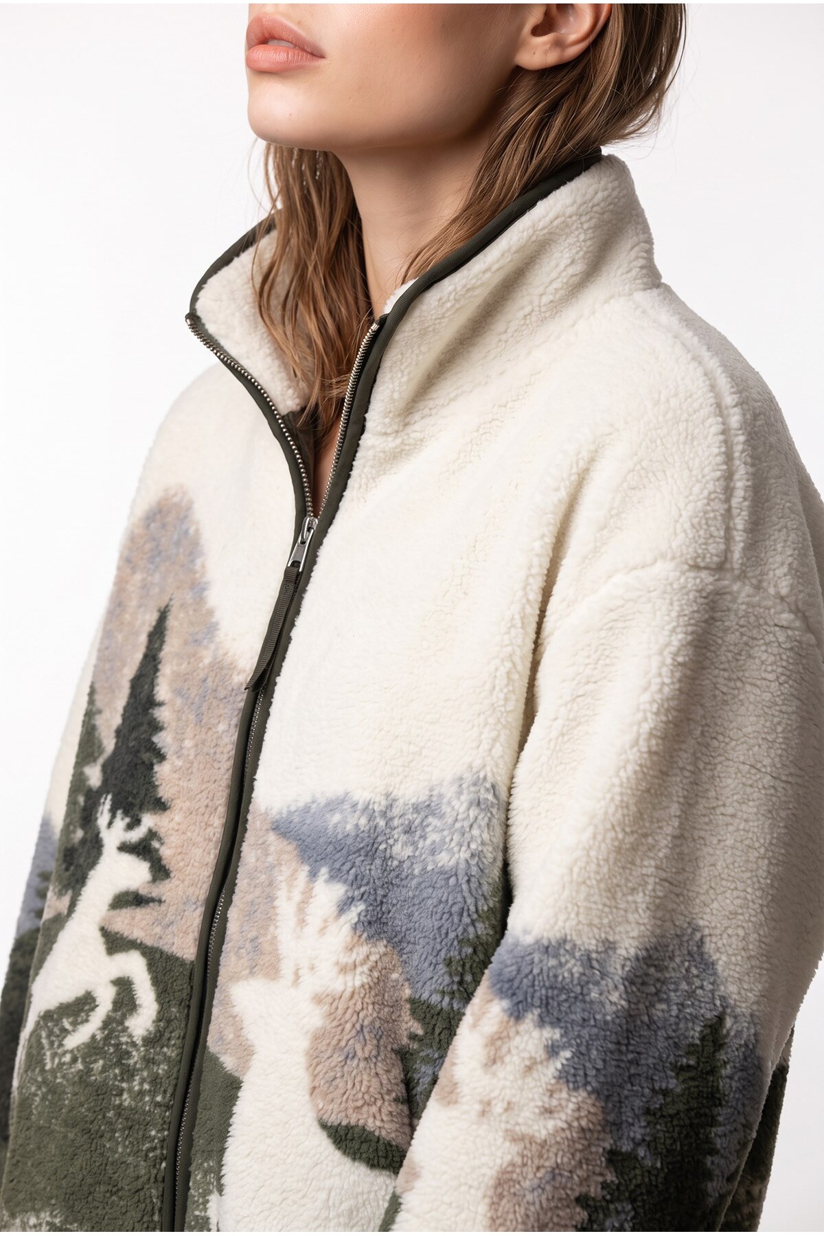 Mixray 4981 Kadın Geyik ve Orman Desenli Cepli Yumuşak Dokulu Polar Sweatshirt görsel 2