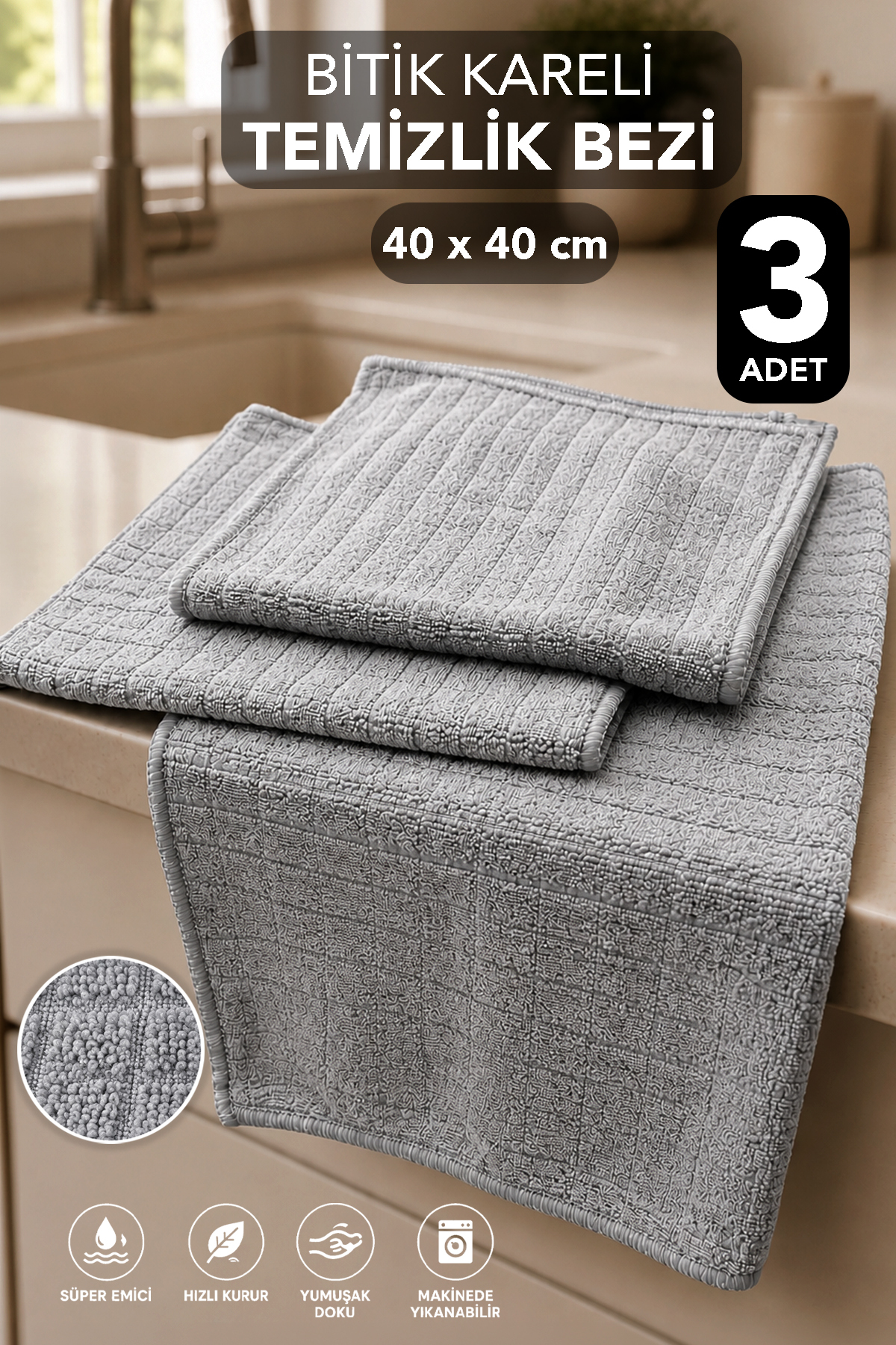 3'lü Bitik Kareli Temizlik Bezi - Yüksek Su Emici Kir Toz İz Bırakmayan Temizlik Cam Mutfak Bezi 40x40cm