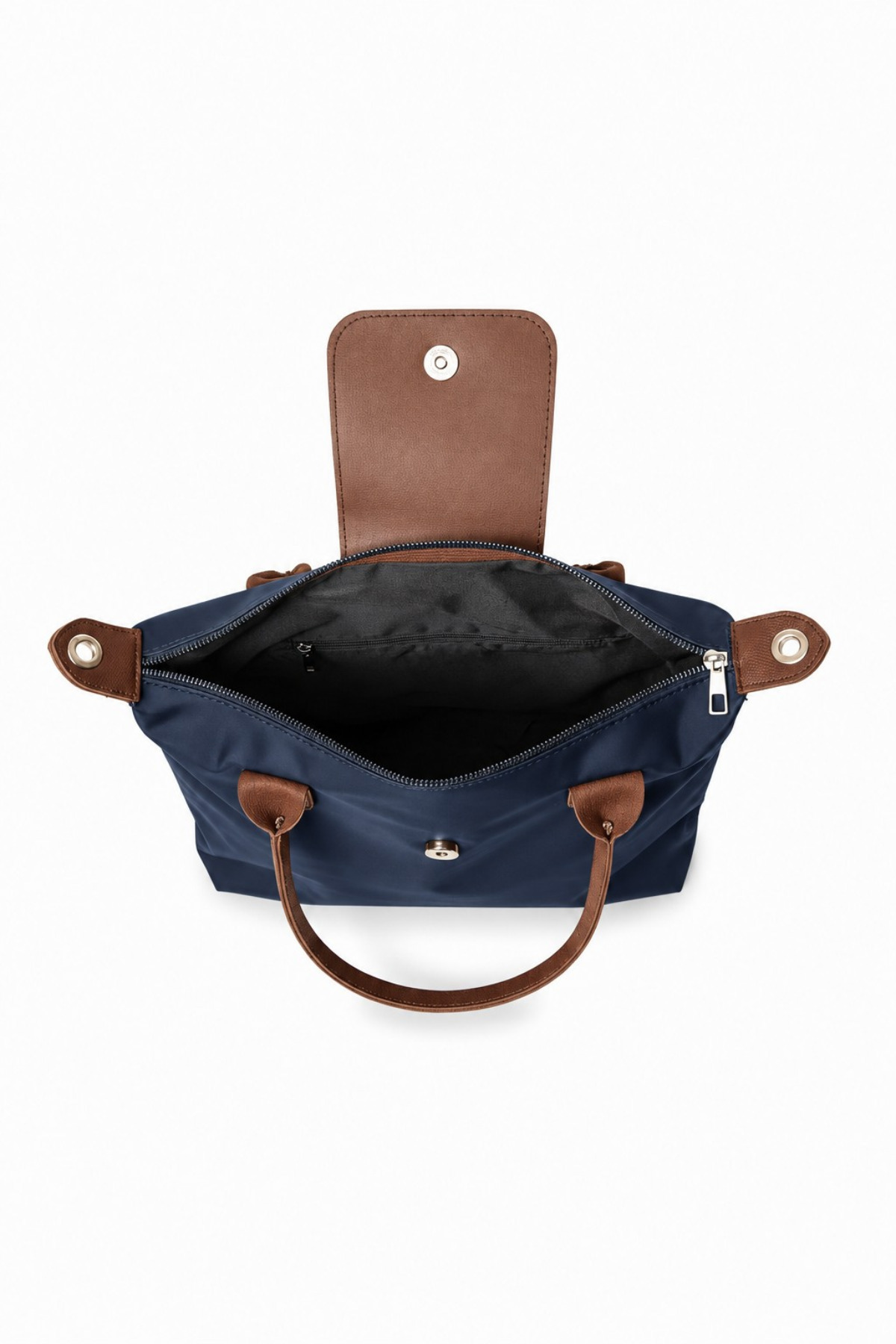 Classbag Charmlı Lacivert-Taba Deri Saplı Büyük Boy Suya Dayanıklı Paraşüt Kumaş Kadın Omuz Çantası görsel 6