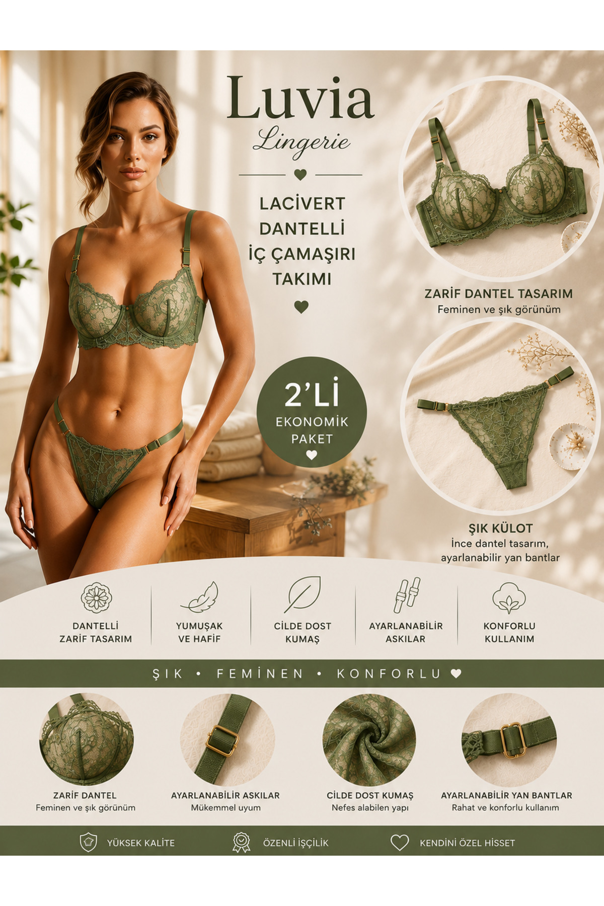 Luvia Lingerie Kadın Lacivert & Yeşil Dantelli 2’li Sütyen Külot İç Çamaşırı Takımı görsel 3