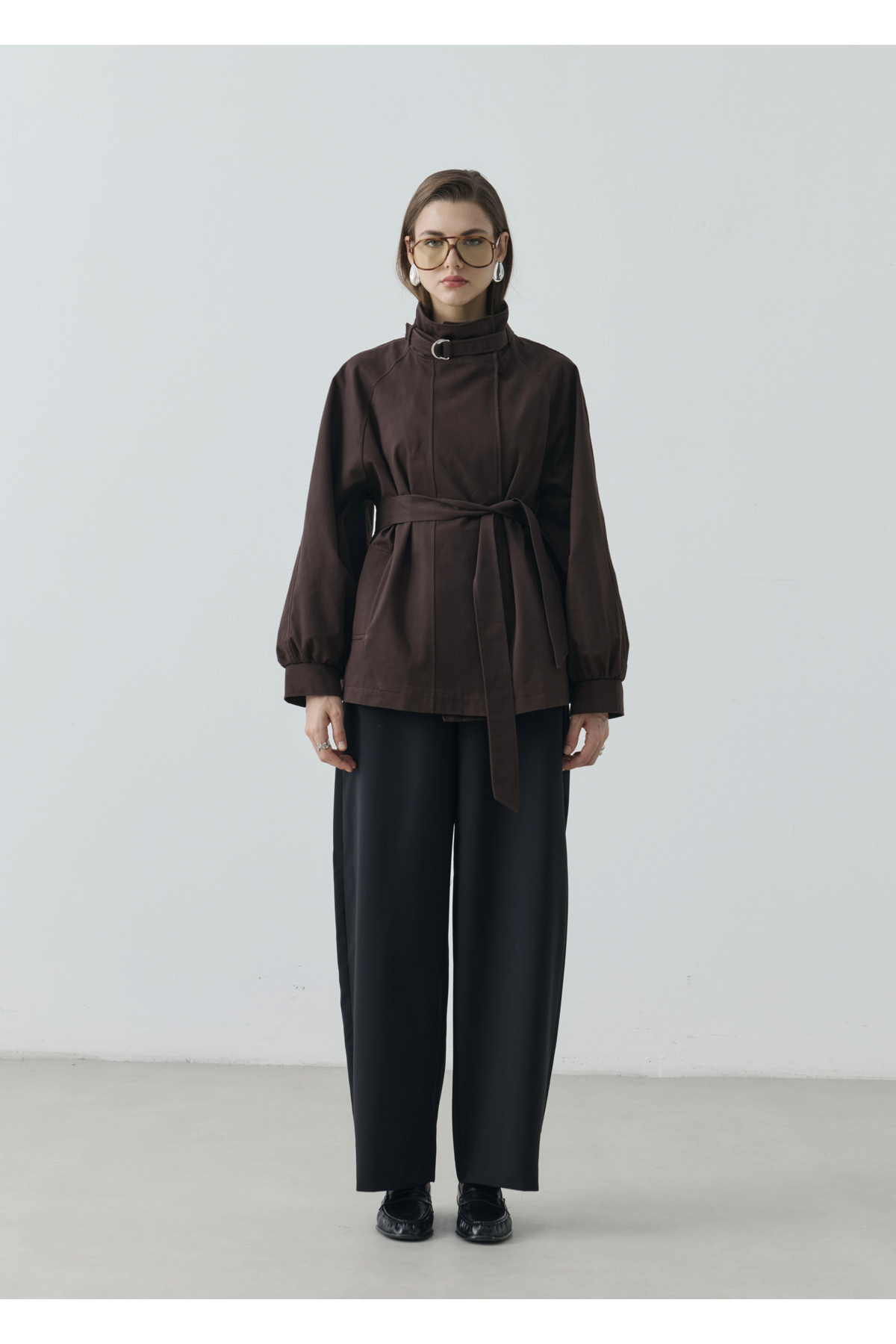 MODA AKSA 7757 WİA KŞKLI DİK YAKA TRENÇ KAHVE görsel 2