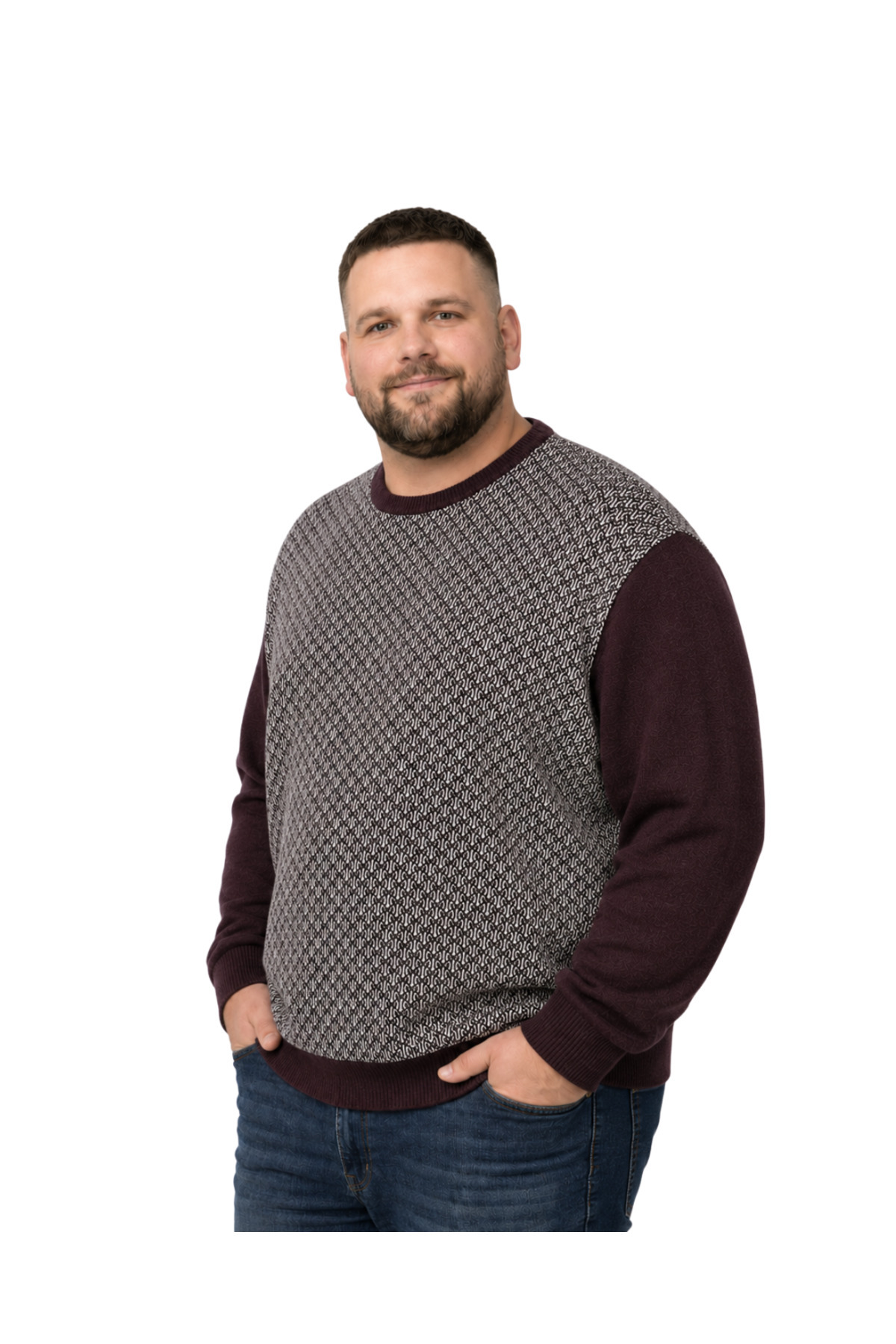 BattalModa Erkek Büyük Beden Bordo Bisiklet Yaka Motif Triko Kazak 3XL-4XL-5XL-6XL görsel 2