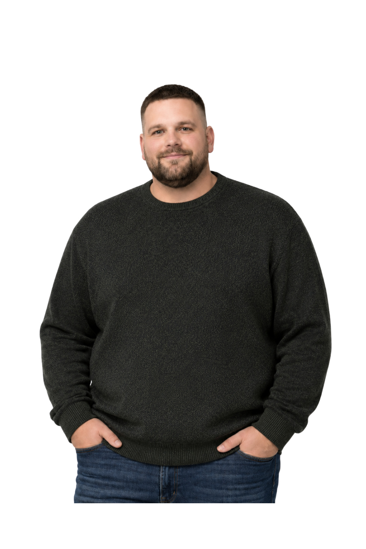 BattalModa Erkek Büyük Beden Haki Bisiklet Yaka Motif Triko Kazak 3XL-4XL-5XL-6XL