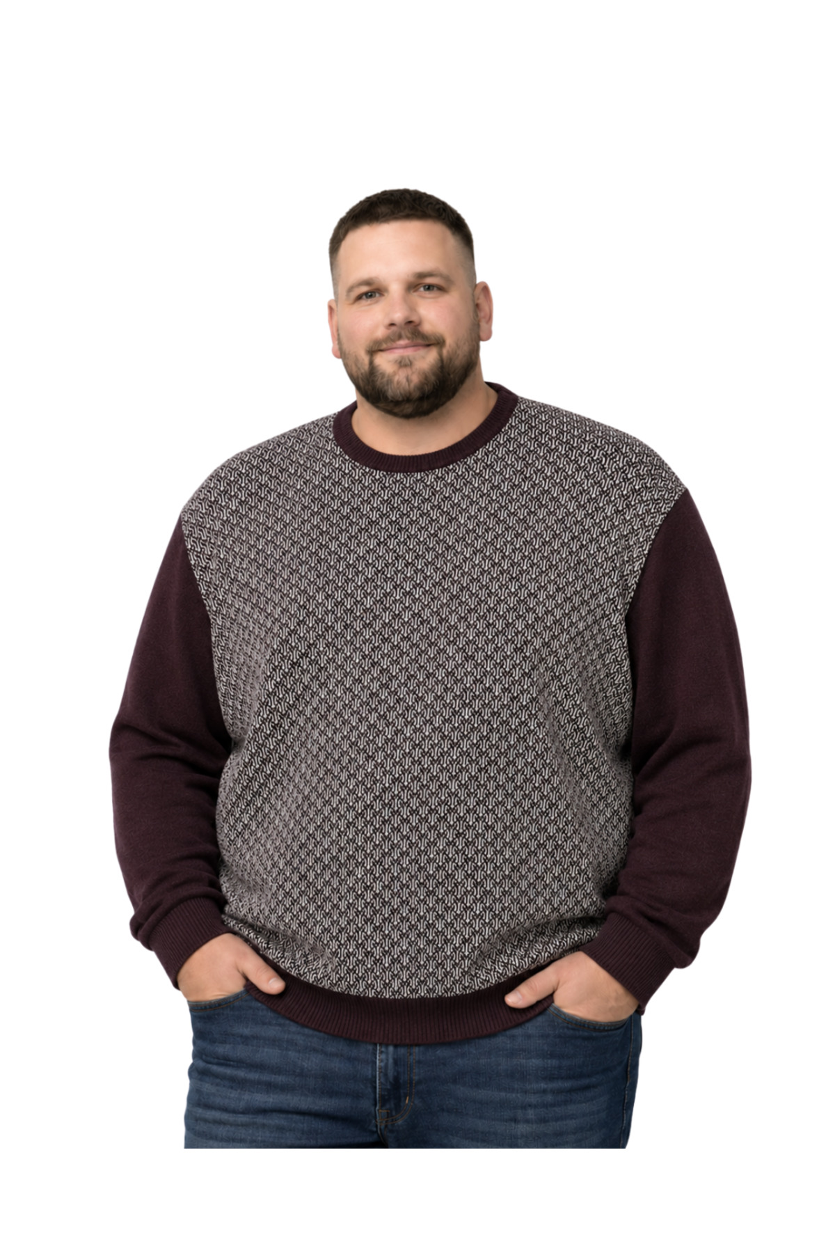 BattalModa Erkek Büyük Beden Bordo Bisiklet Yaka Motif Triko Kazak 3XL-4XL-5XL-6XL