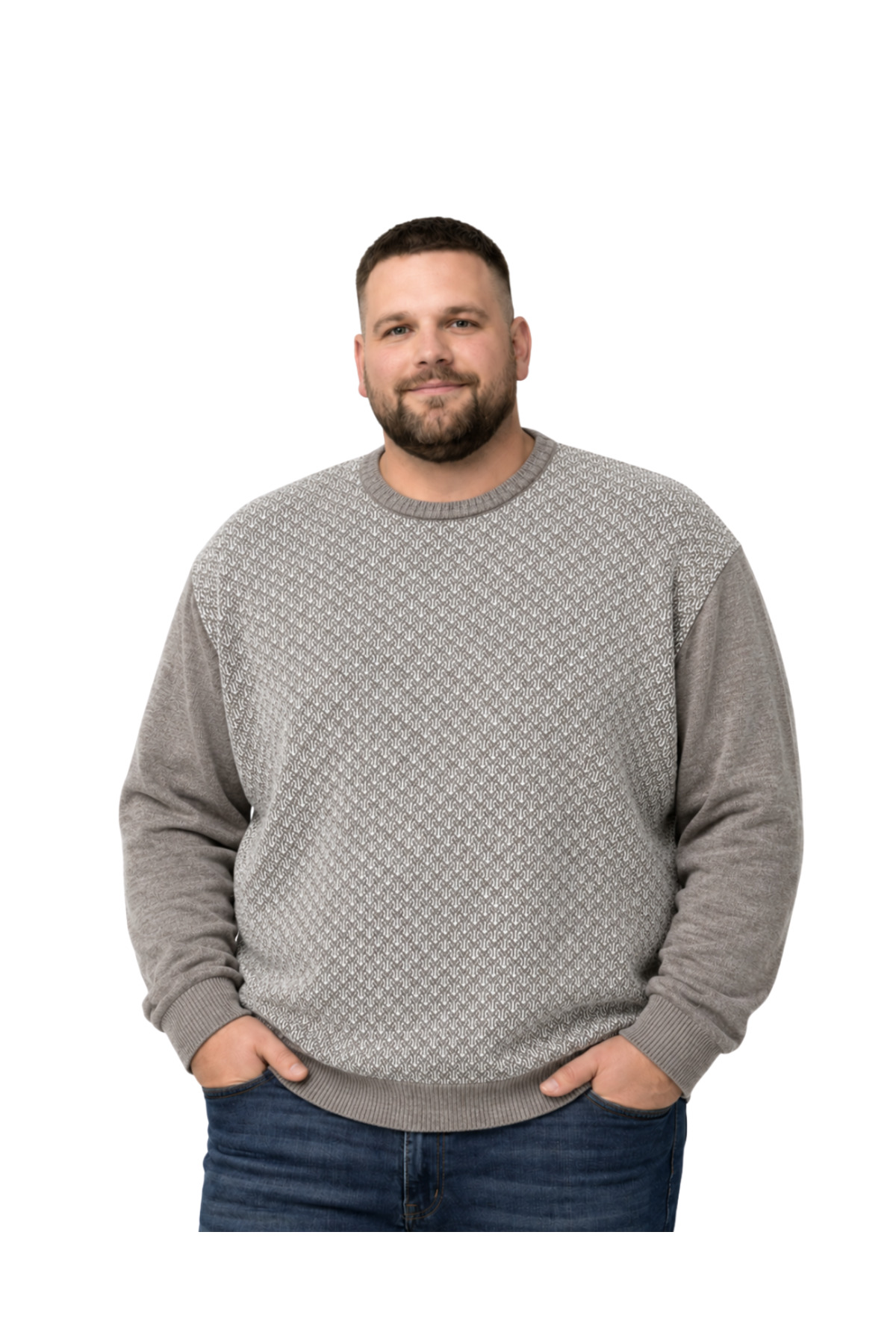 BattalModa Erkek Büyük Beden Vizon Bisiklet Yaka Motif Triko Kazak 3XL-4XL-5XL-6XL