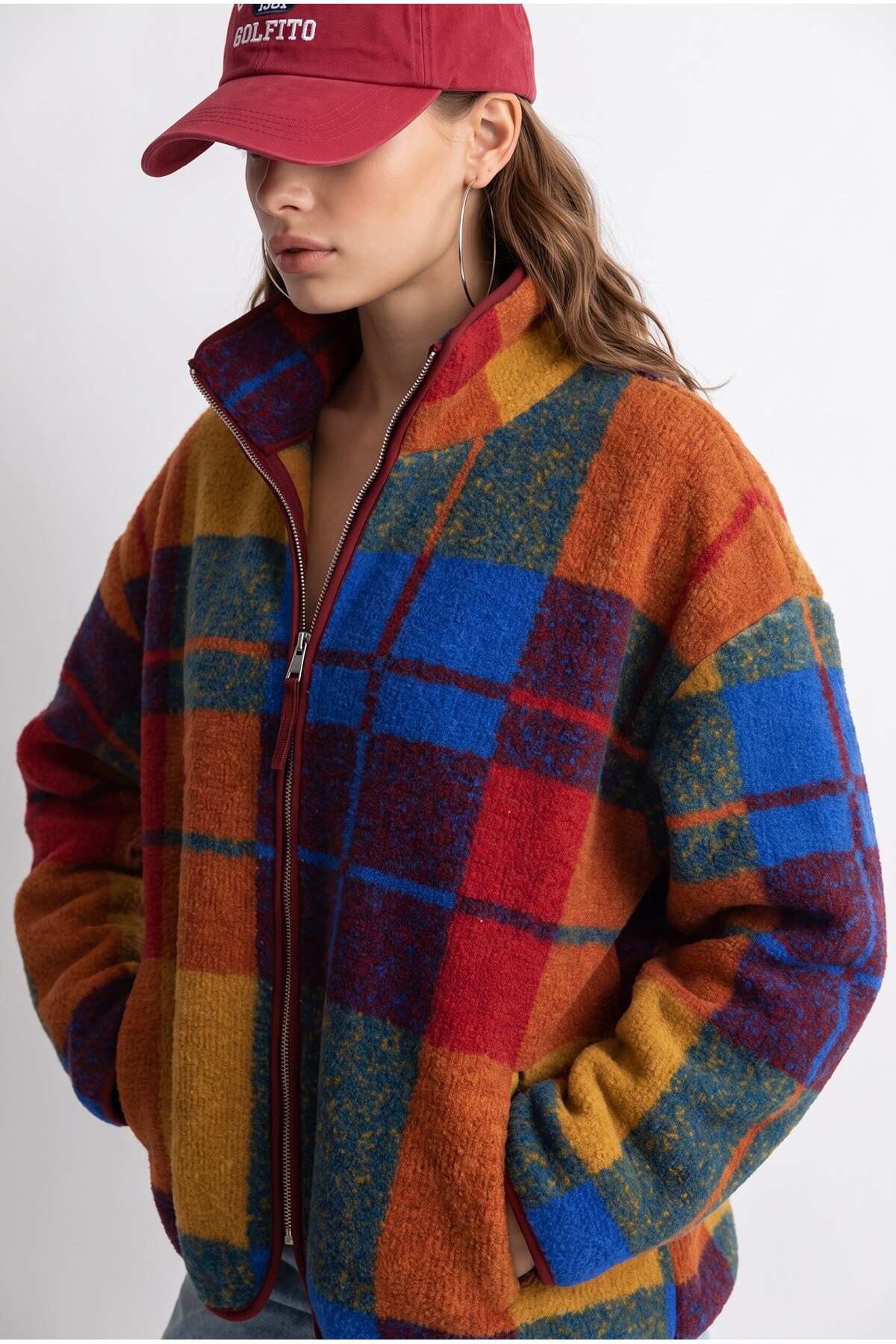 Mixray 4981 Kadın Retro Ekose Desenli Cepli Yumuşak Dokulu Polar Sweatshirt görsel 2