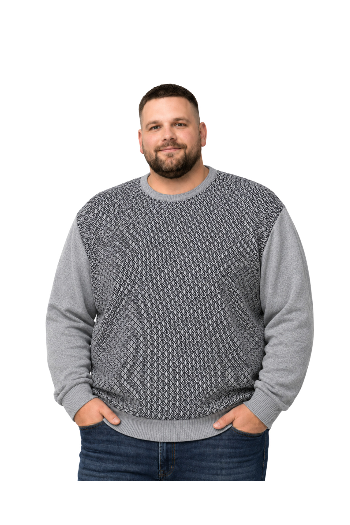 BattalModa Erkek Büyük Beden Gri Bisiklet Yaka Motif Triko Kazak 3XL-4XL-5XL-6XL