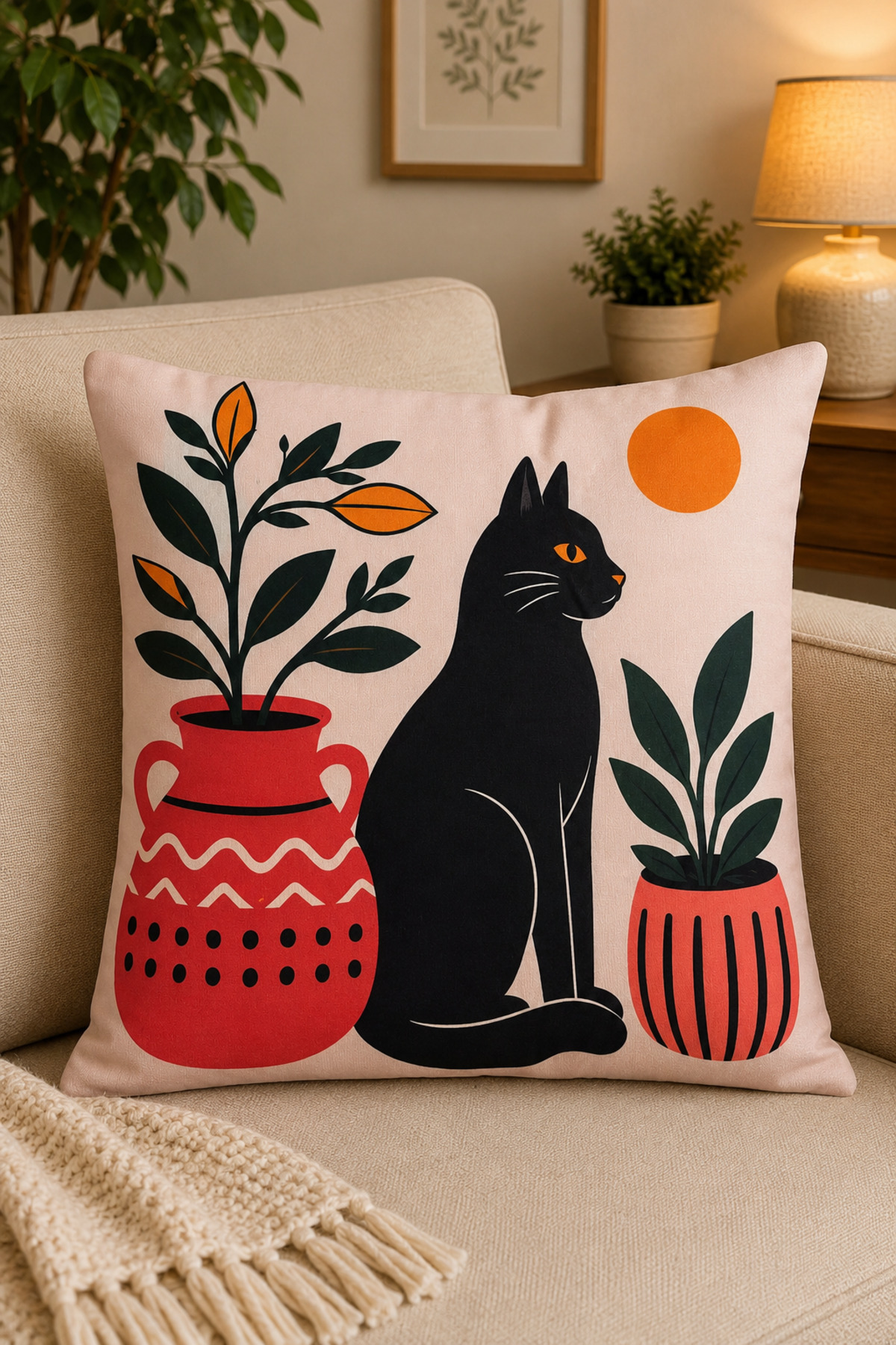 Dijital Baskılı Dekoratif Kırlent Kılıfı 43x43 cm – Modern Desenli Keten Dokulu