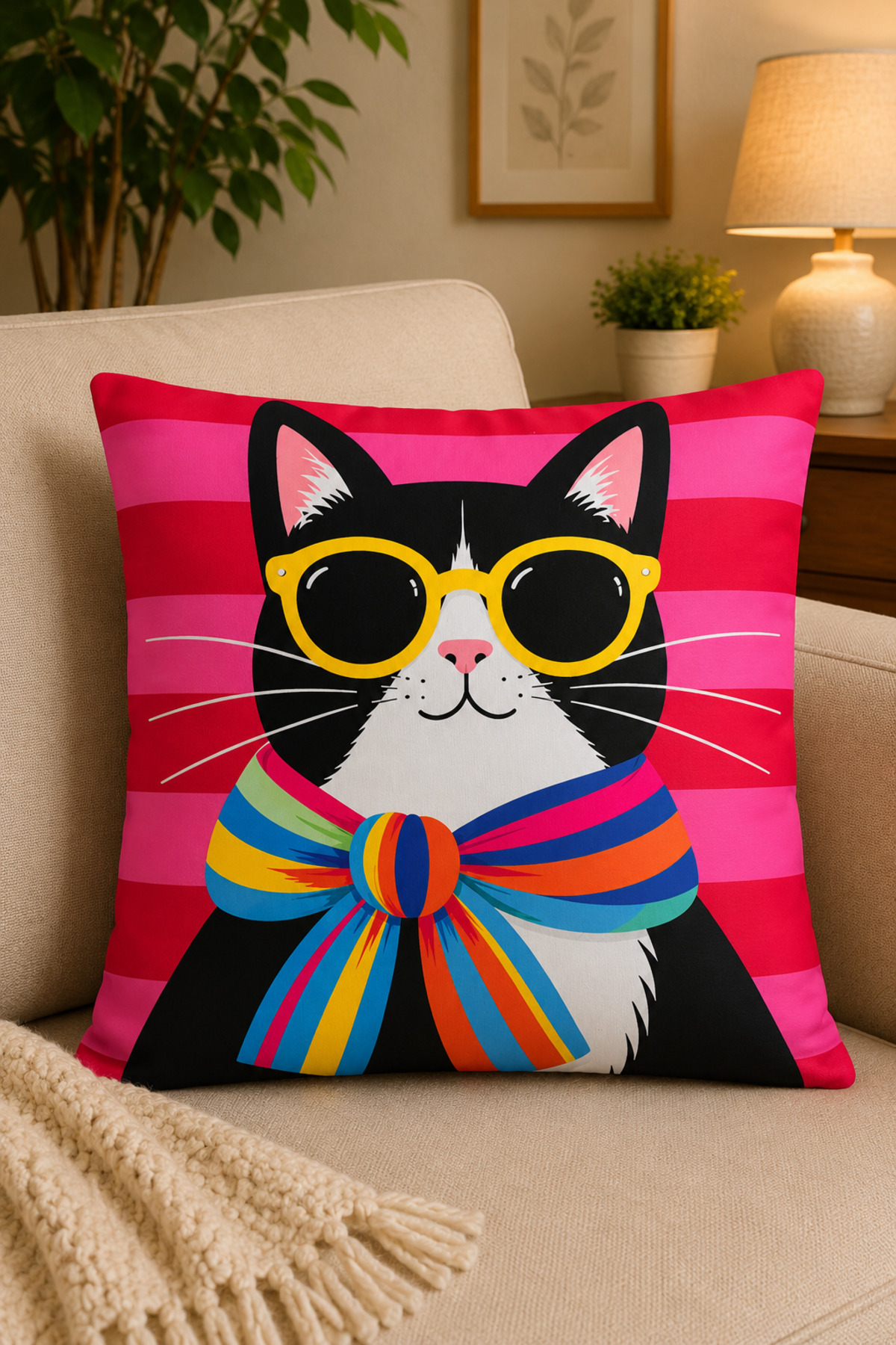 Dijital Baskılı Dekoratif Kırlent Kılıfı 43x43 cm – Modern Desenli Keten Dokulu