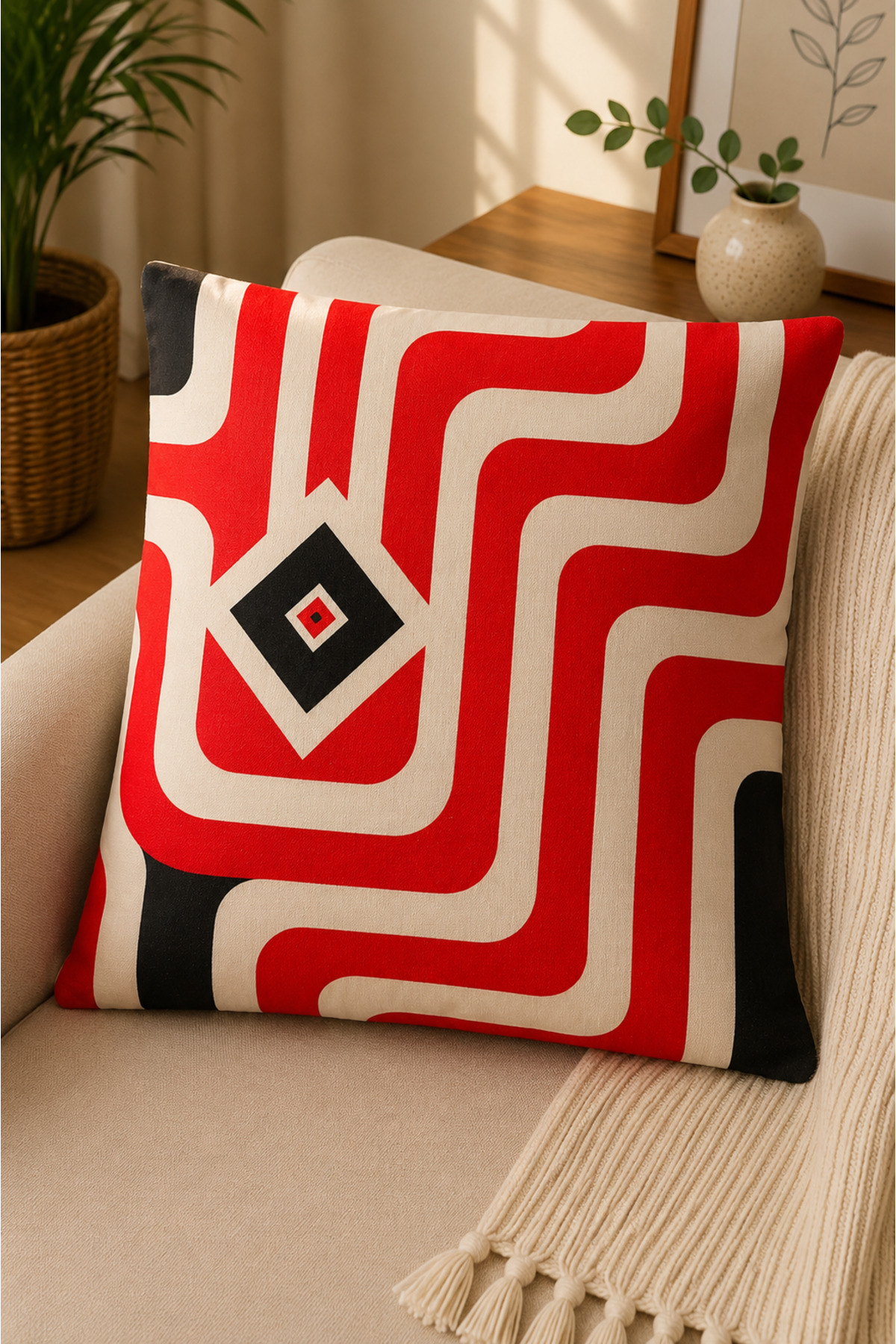 Dijital Baskılı Dekoratif Kırlent Kılıfı 43x43 cm – Modern Desenli Keten Dokulu