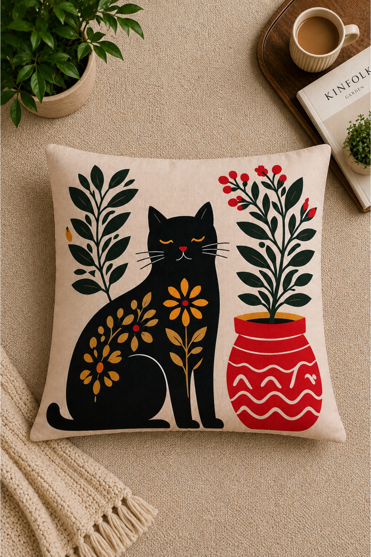 Dijital Baskılı Dekoratif Kırlent Kılıfı 43x43 cm – Modern Desenli Keten Dokulu