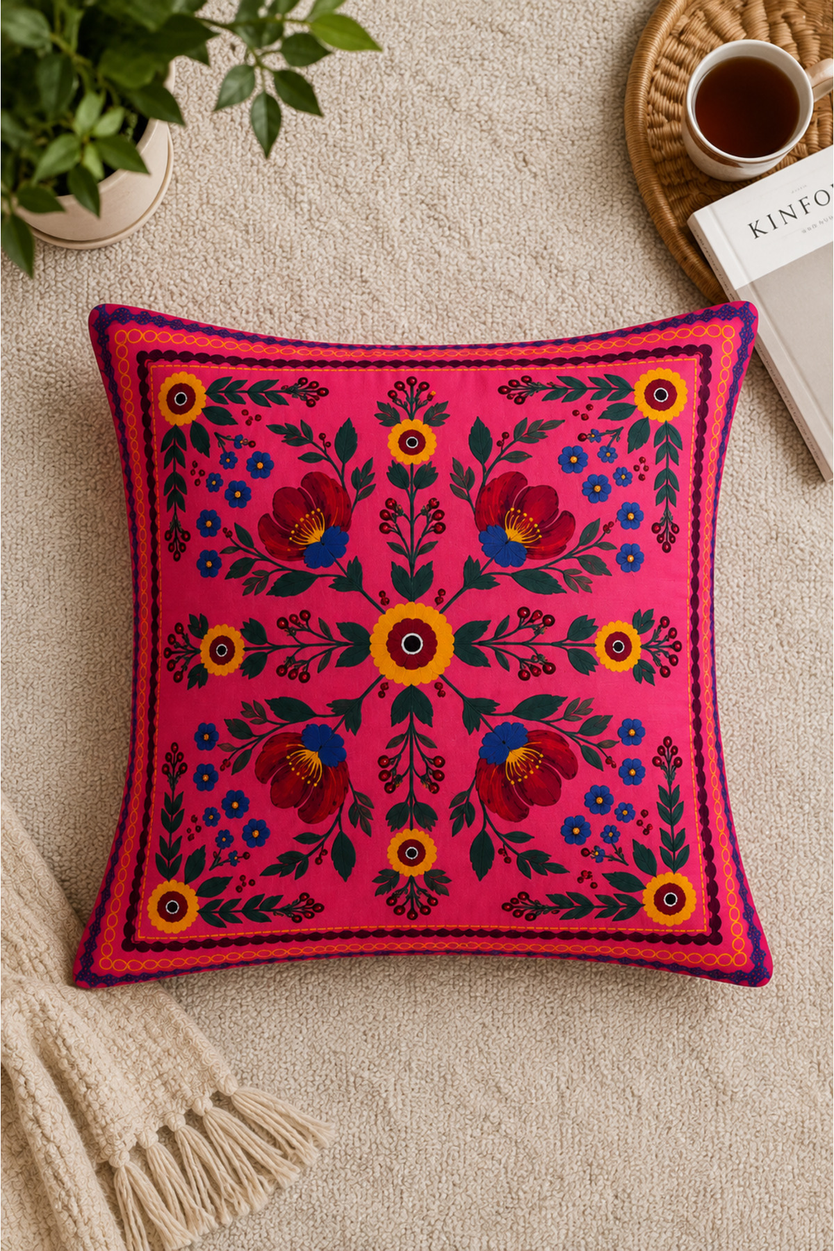Dijital Baskılı Dekoratif Kırlent Kılıfı 43x43 cm – Modern Desenli Keten Dokulu