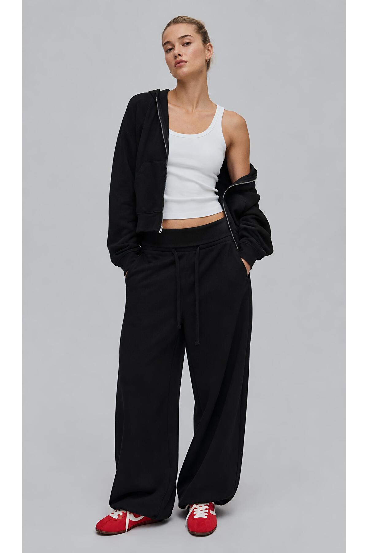Hira Online Üç İplik Şardonlu Kıvrımlı Kaşkorse Bel Cepli Ayarlanabilir Lastikli Ultra Bol Barrel Fit Baggy Pantolon\Eşofman Altı görsel 2