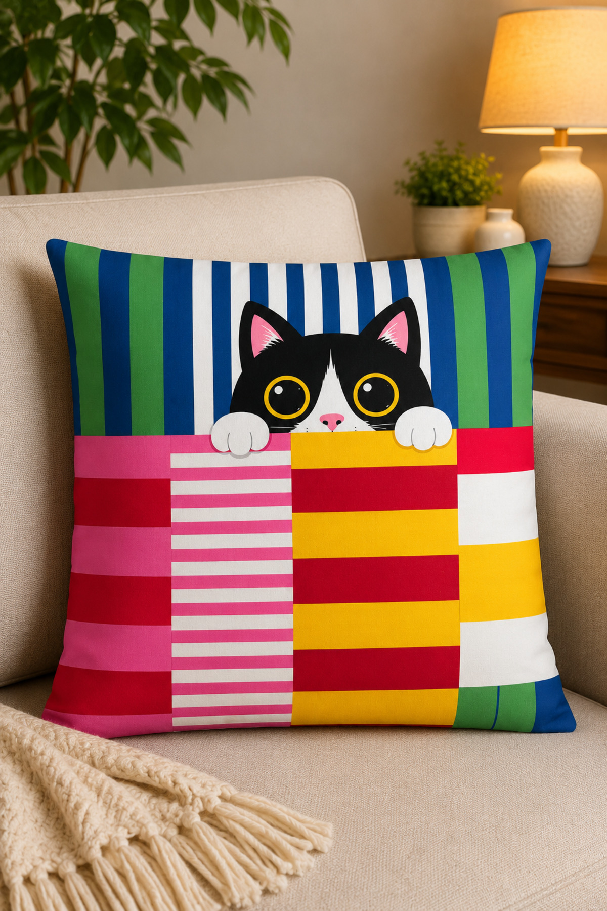 4 Adet Dijital Baskılı Kırlent Kılıfı 43x43 cm – Renkli Modern Dekoratif Yastık Kılıfı Seti