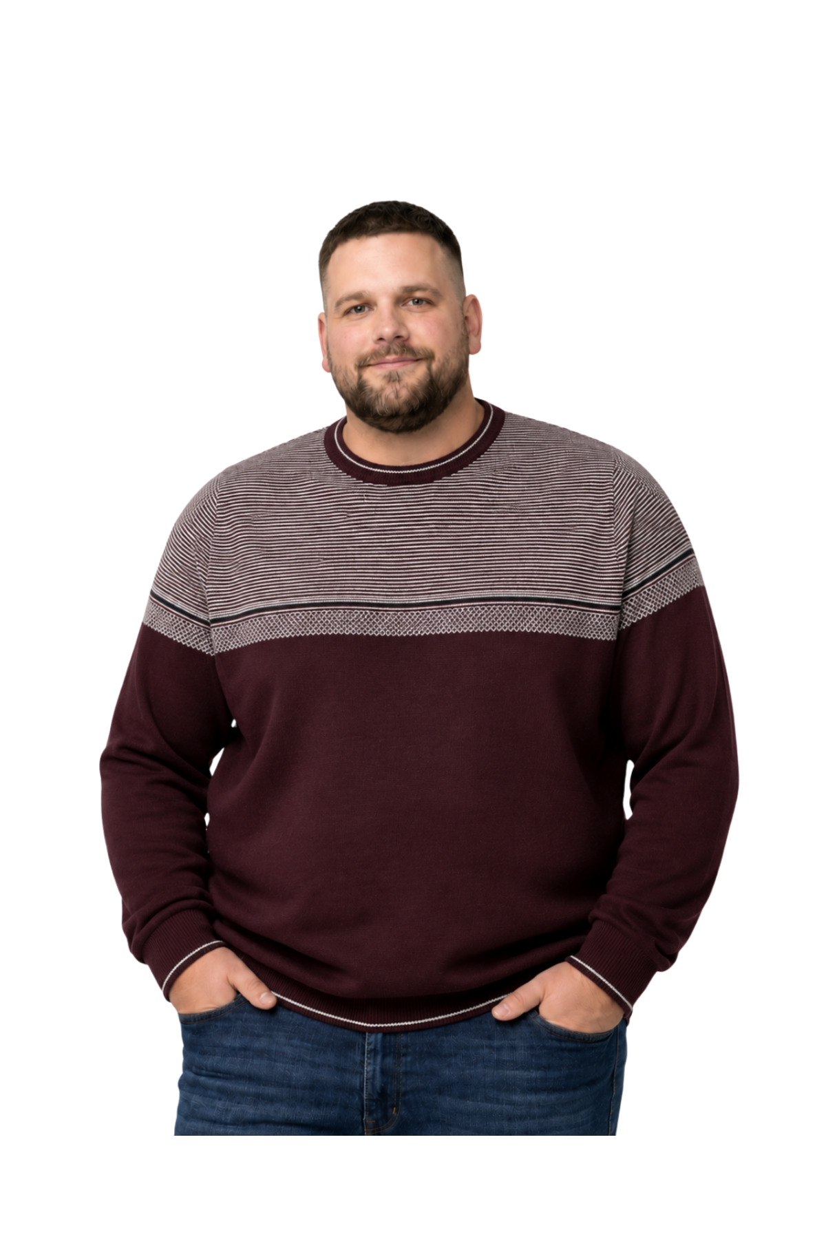BattalModa Erkek Büyük Beden Bordo Bisiklet Yaka Ufuk Triko Kazak 5XL-6XL-7XL-8XL