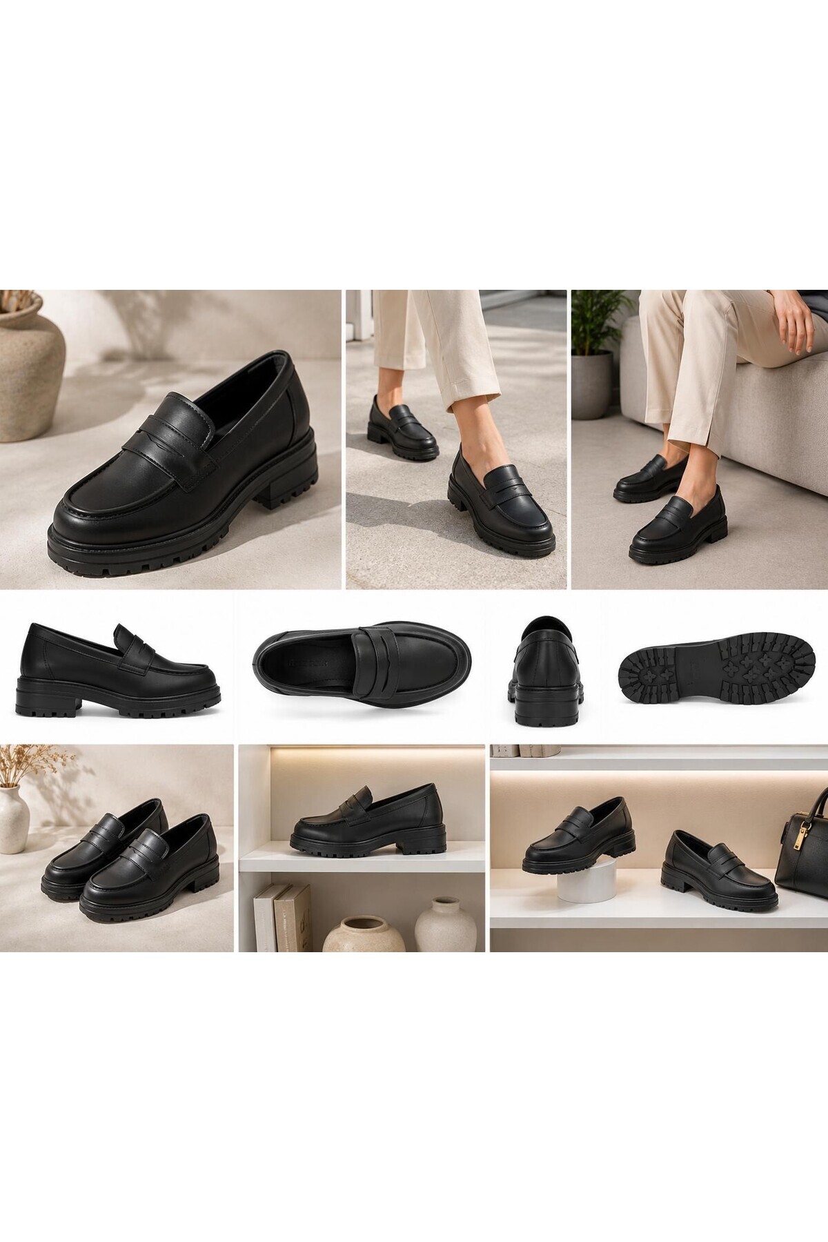 Zenora Shoes Kadın Loafer Makosen Siyah Cilt Kalın Tabanlı Ayakkabı görsel 2