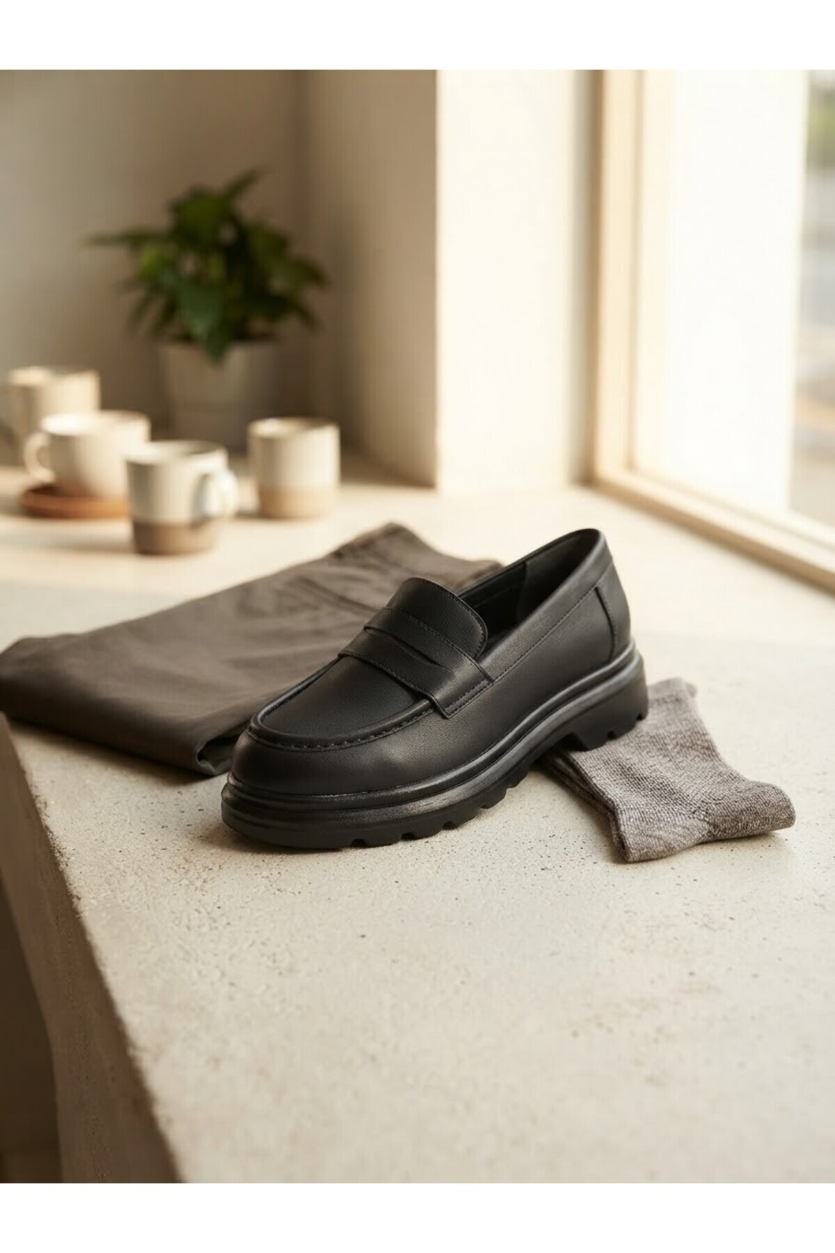 Zenora Shoes Kadın Loafer Makosen Siyah Cilt Kalın Tabanlı Ayakkabı görsel 4