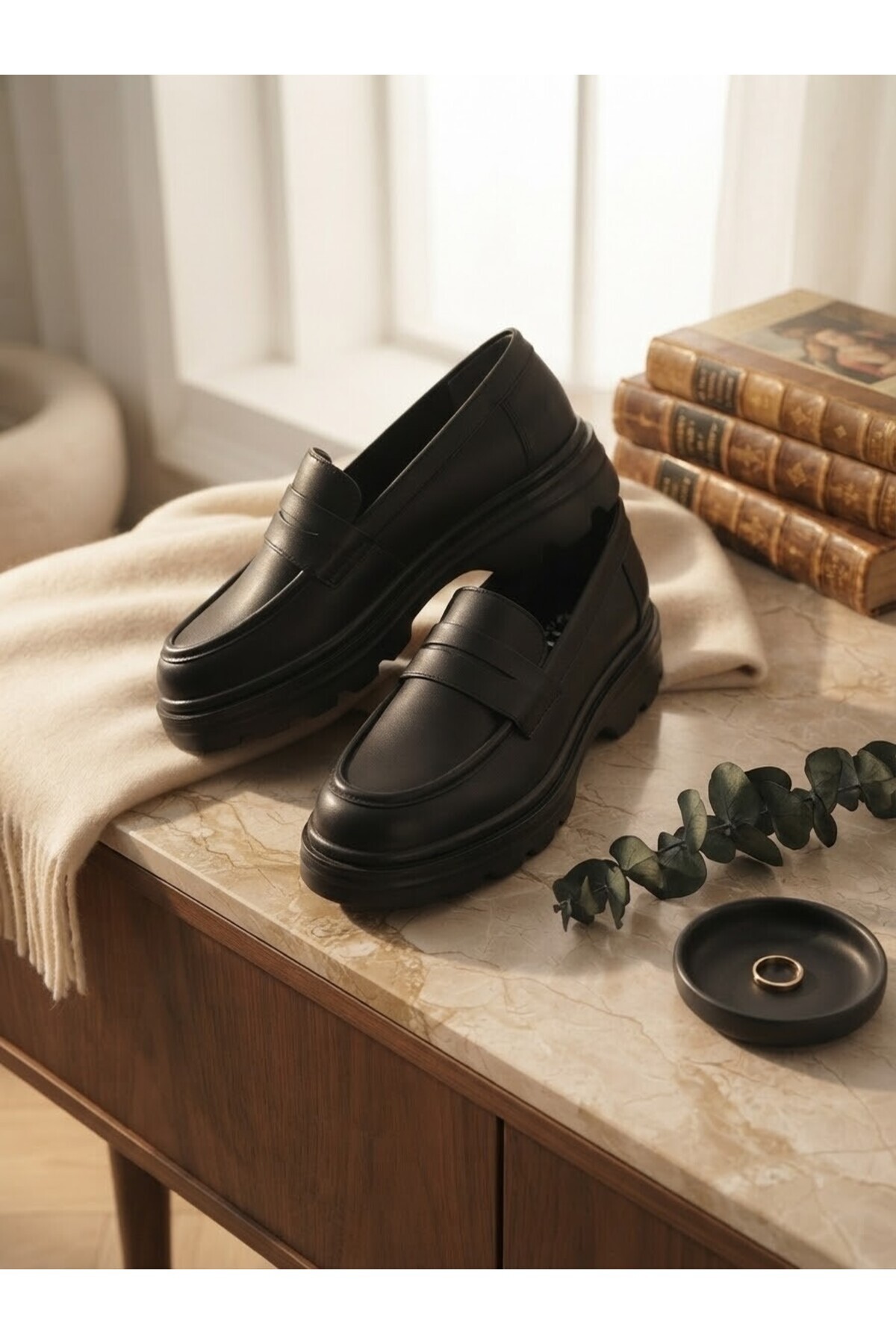 Zenora Shoes Kadın Loafer Makosen Siyah Cilt Kalın Tabanlı Ayakkabı görsel 7