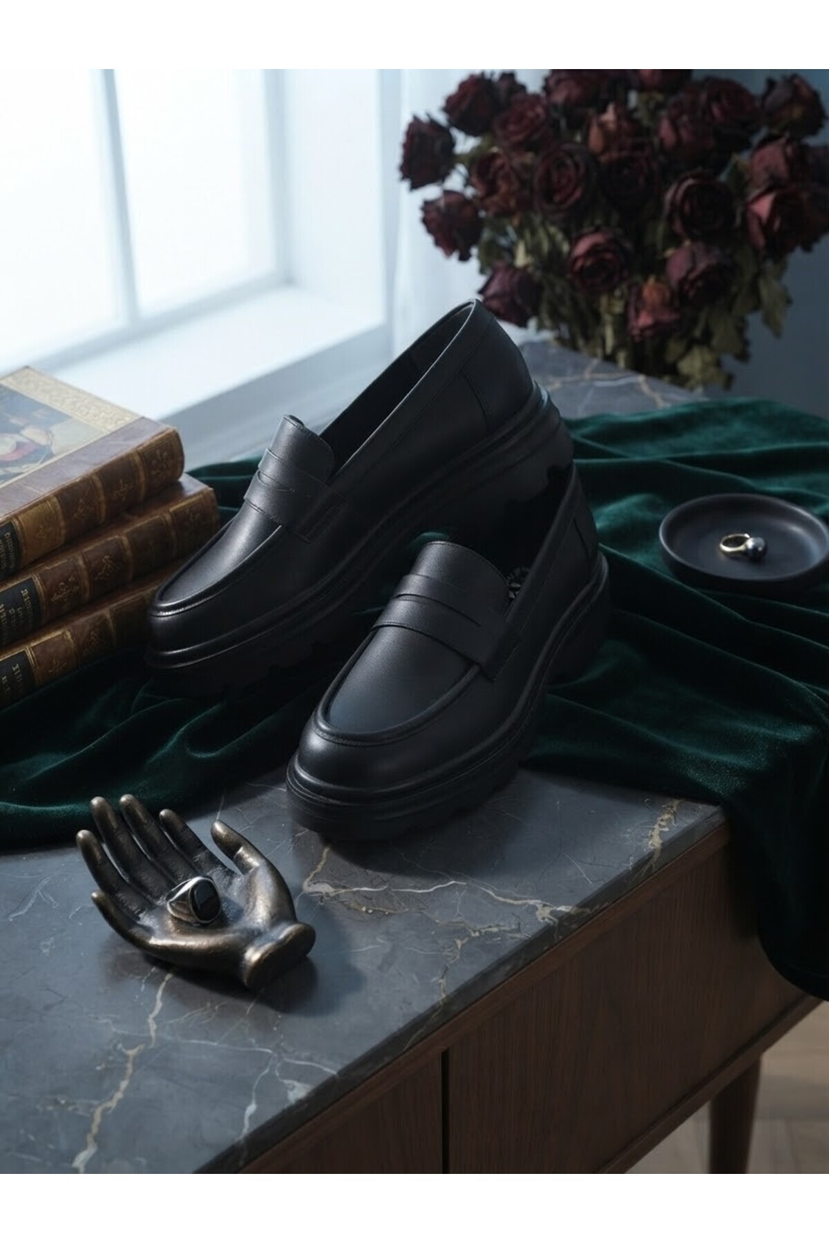 Zenora Shoes Kadın Loafer Makosen Siyah Cilt Kalın Tabanlı Ayakkabı görsel 8