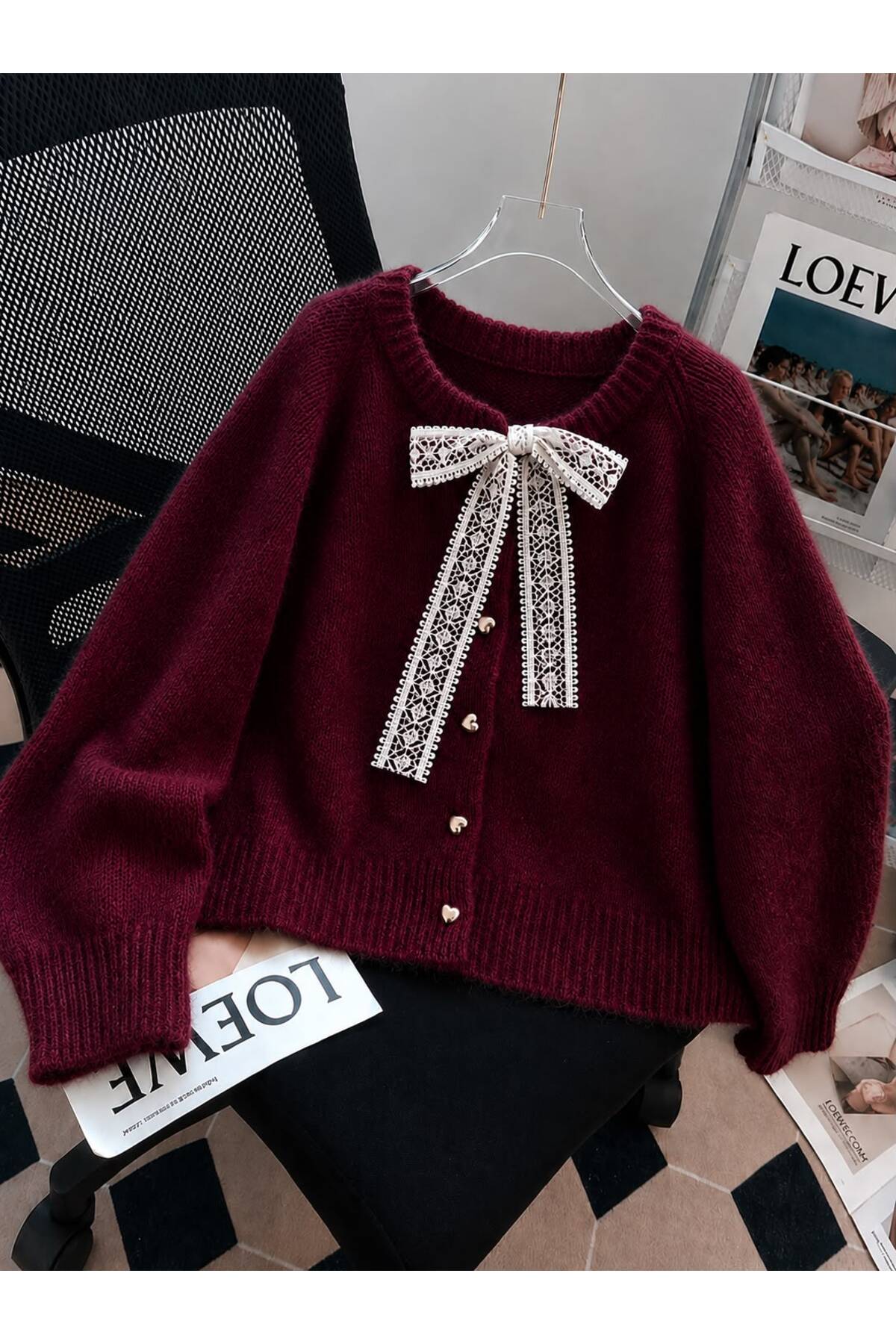 NATUFIAN STORE Kadın Fiyonk Bağlamalı Dantelli Kalp Düğmeli Yumoş Basic Triko Hırka