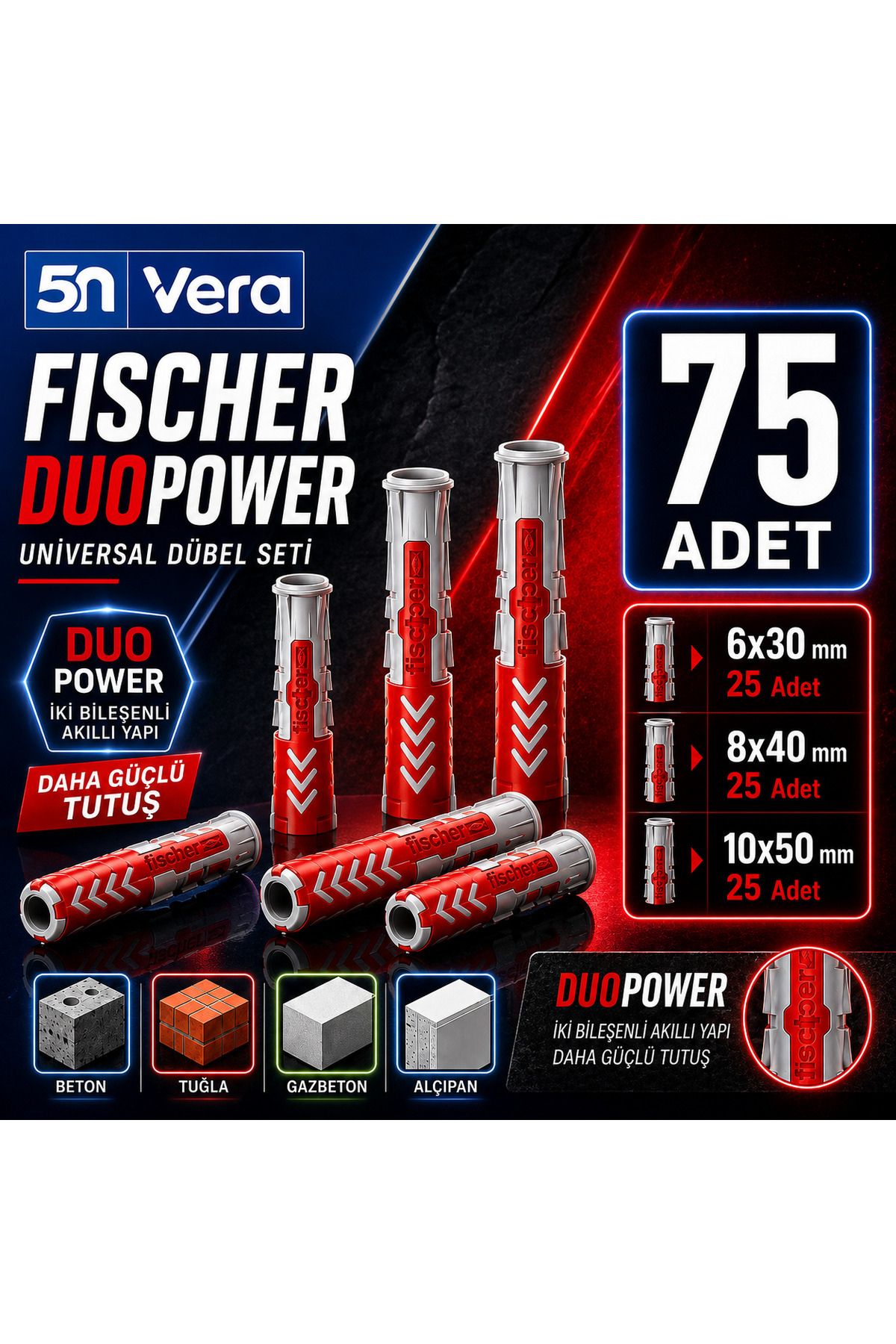 Fischer Duopower 75 Adet 3 Boy Universal Dübel Seti | 6X30 mm 25 Adet + 8X40 mm 25 Adet + 10X50 mm 25 Adet | Beton Tuğla Gazbeton Alçıpan