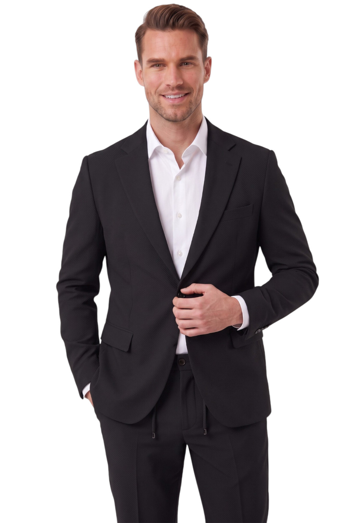Erkek Siyah Slim Fit Likralı Gofre Kumaş Takım Elbise İpli Lastikli Pantolon 2602326 — مشکی OWEEY2602326