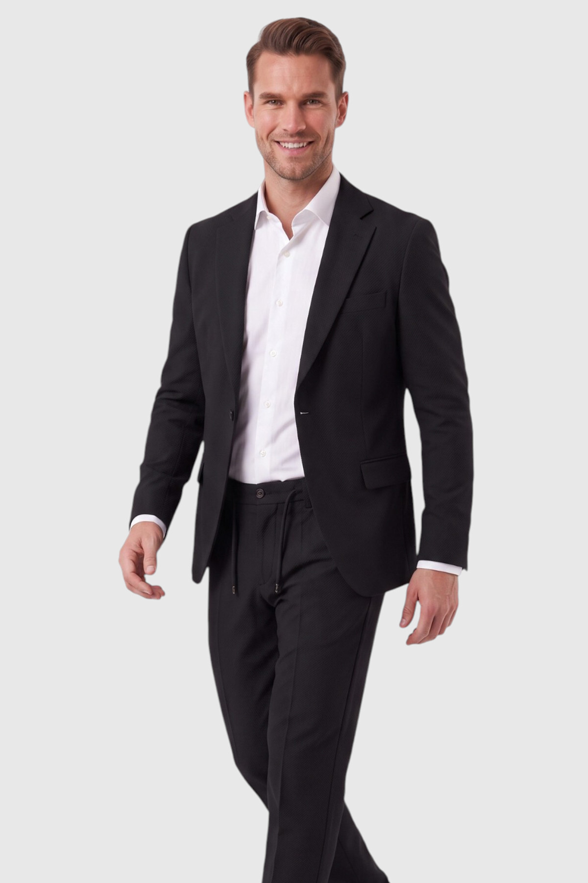 Erkek Siyah Slim Fit Likralı Gofre Kumaş Takım Elbise İpli Lastikli Pantolon 2602326 — مشکی OWEEY2602326 — تصویر 5 از 7