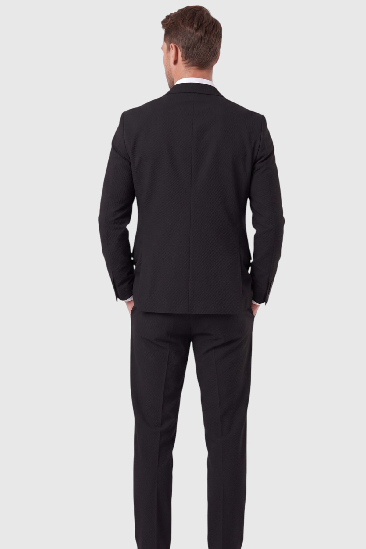 Erkek Siyah Slim Fit Likralı Gofre Kumaş Takım Elbise İpli Lastikli Pantolon 2602326 — مشکی OWEEY2602326 — تصویر 6 از 7