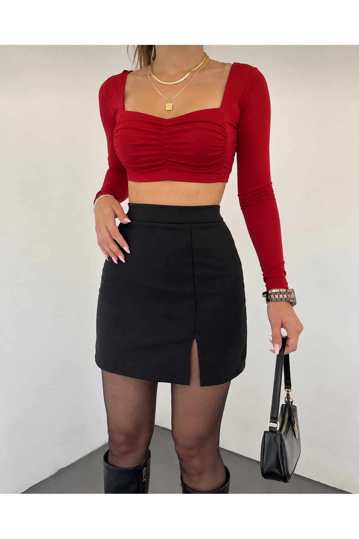 GRİLAND Kadın Sıyah Şık Trend Günlük ve özel Gün Kurtarıcı Parça Siyah Esnek Kumaş Yırtmaçlı Mini Etek görsel 5