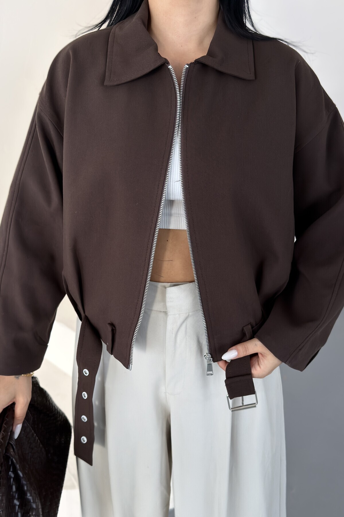 gm giyimarket Yeni Sezon Kadın Oversize Beli Kemerli Bomber Mevsimlik Ceket görsel 2