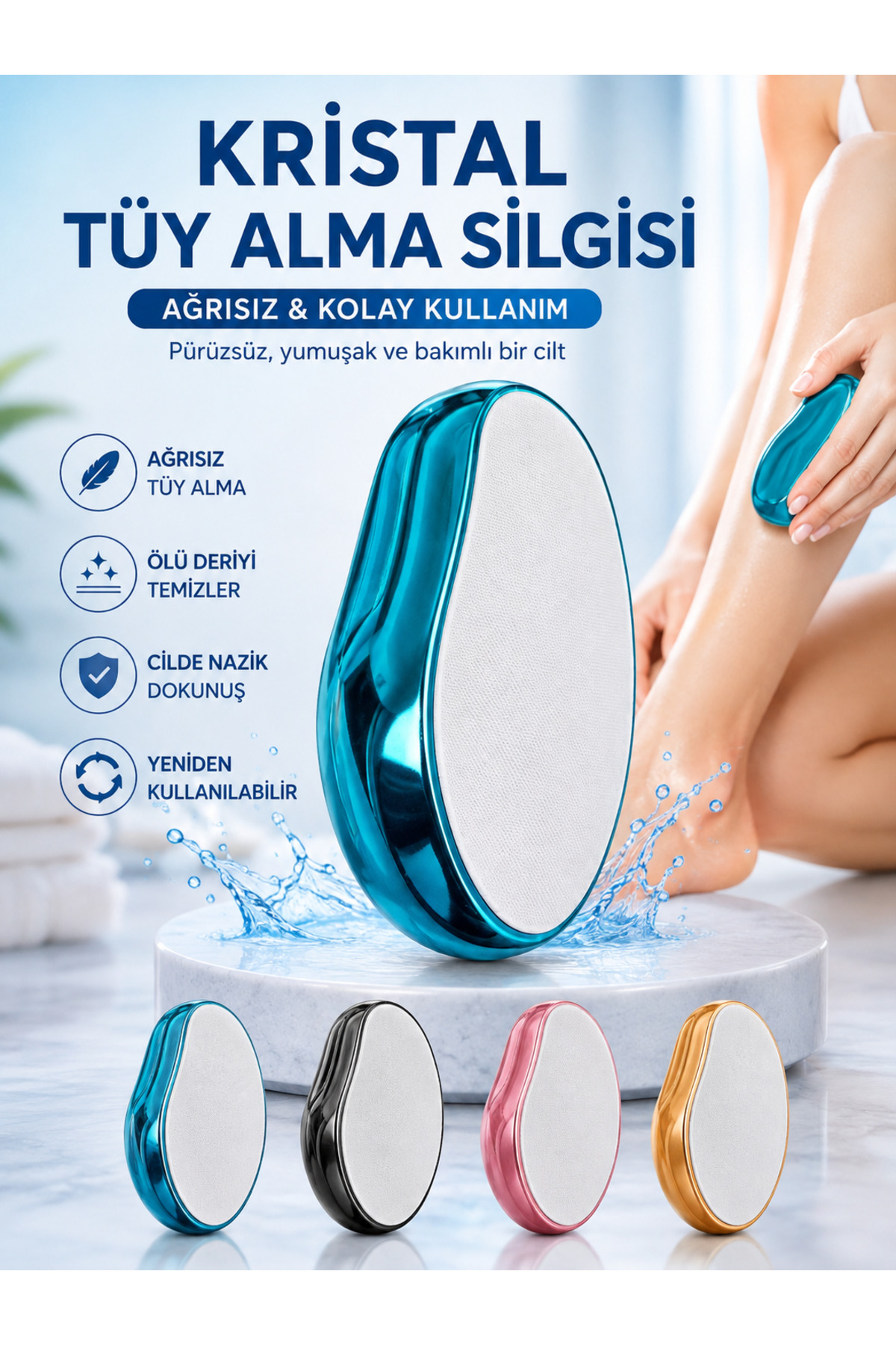 Noury Kristal Tüy Alma Silgisi Ağrısız Epilasyon Aleti Ölü Deri Temizleyici Peeling Etkili Yeniden Kullanılabilir — banyo31