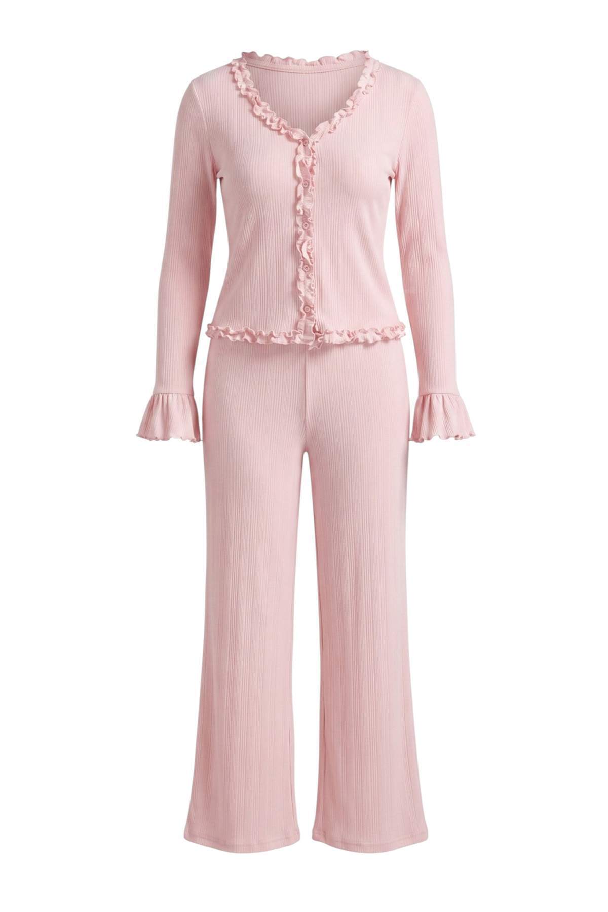 Trendyol Kollektion Pyjama-Set aus 100 % Baumwolle mit Rüschen und Pointel-St...