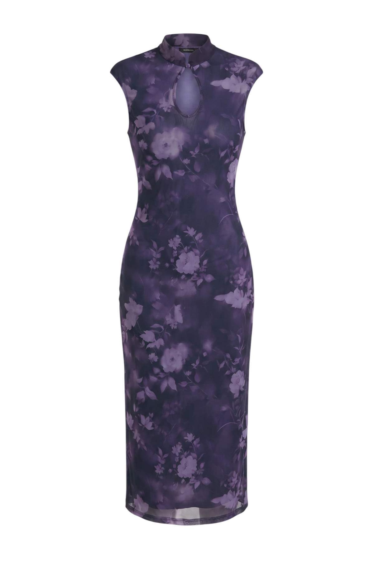 Trendyolmilla Mor Çiçekli Bodycon/Vücuda Oturan Anahtar Deliği Yaka Maxi Tül Astarlı Örme Elbise TWOAW27EL00088