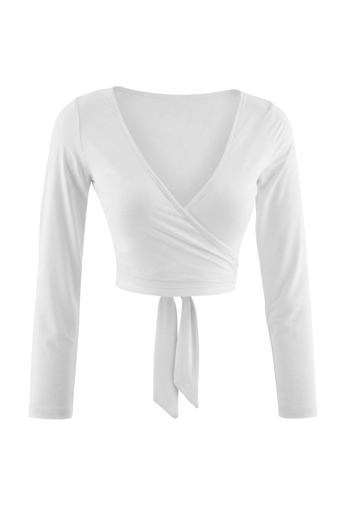 Trendyolmilla Ekru Micro Bağlamalı Kruvaze Crop Örme Spor Üst/Bluz THMAW27BZ00007